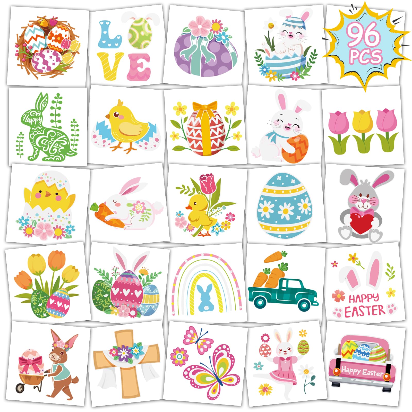 96Pcs Easter Temporary Tattoos for Kids - 48 Colorful Easter Stickers, Easter Egg & Basket Fillers, Party Favors - Perfect for Easter Celebrations, Egg Hunts & Classroom Activities