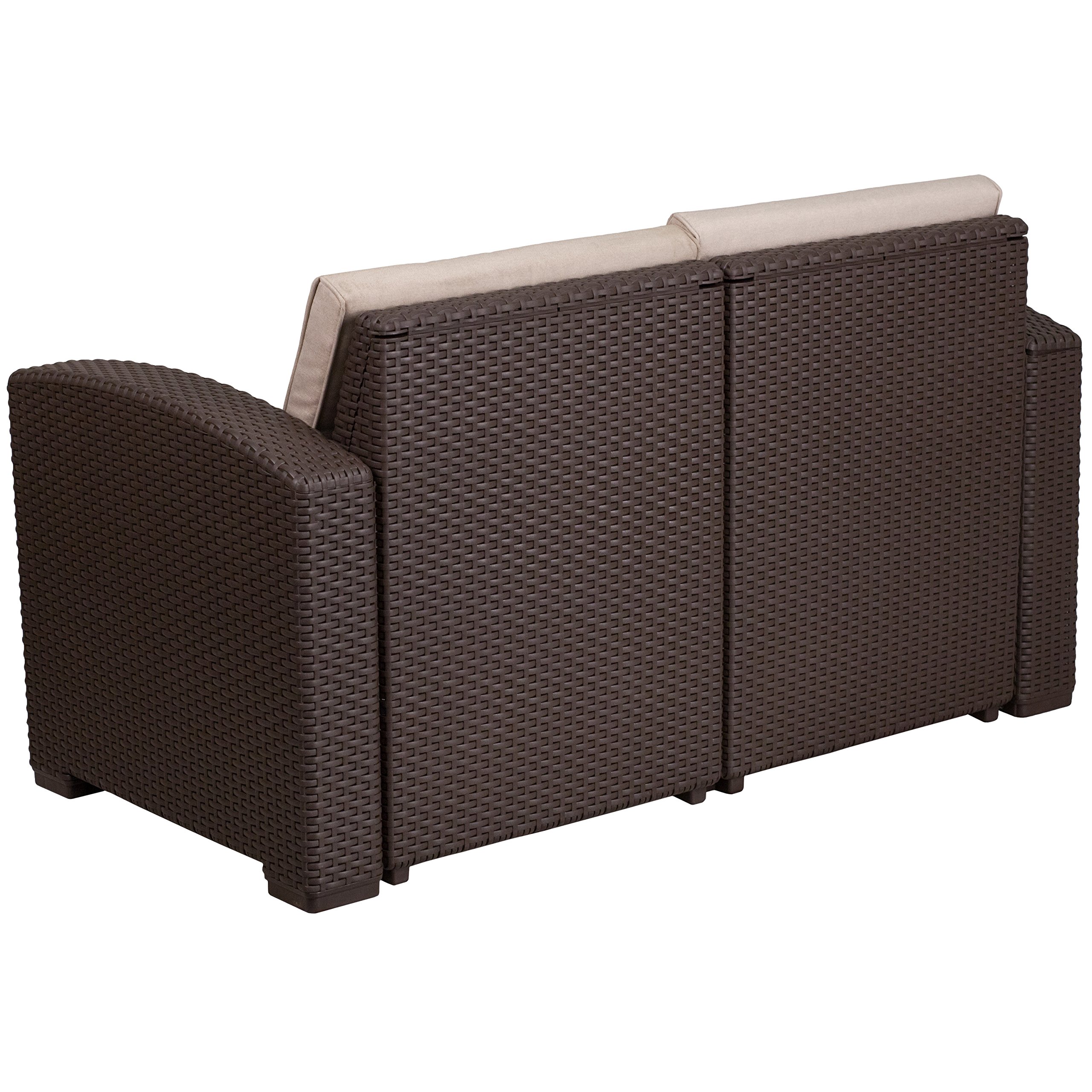 Flash Furniture Seneca Chocolate Brown Faux Rattan Loveseat with All-Weather Beige Cushions - Outdoor Patio, Garden, Poolside Seating for 2