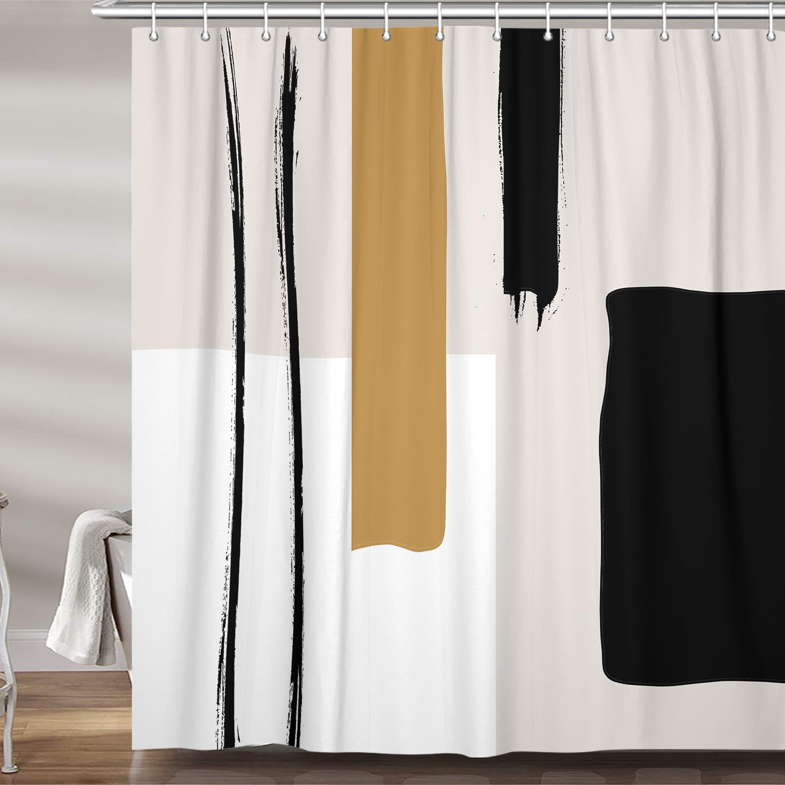 Abstract Modern Shower Curtain Set - Geometric Black & White Bathroom Decor with Hooks, 72x72 Inches | Minimalist Mid-Century Design for Retro Beige/Yellow/Tan Restrooms | Perfect for Spa-Like Showers, Guest Bathrooms & Vintage Home Decor