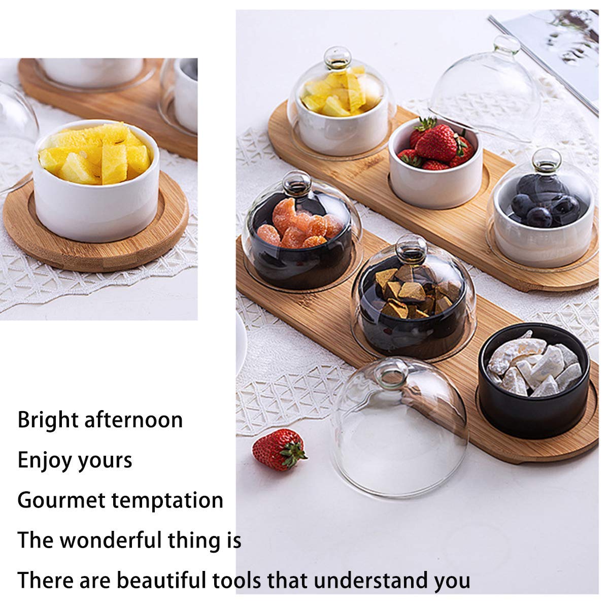 Premium Ceramic Fruit Bowl Set - 3 Piece Large Bamboo Wooden Salad Serving Bowls for Coffee Table, Dessert & Snacks - Elegant Dark Green Kitchen & Dining Decor for Home Entertaining