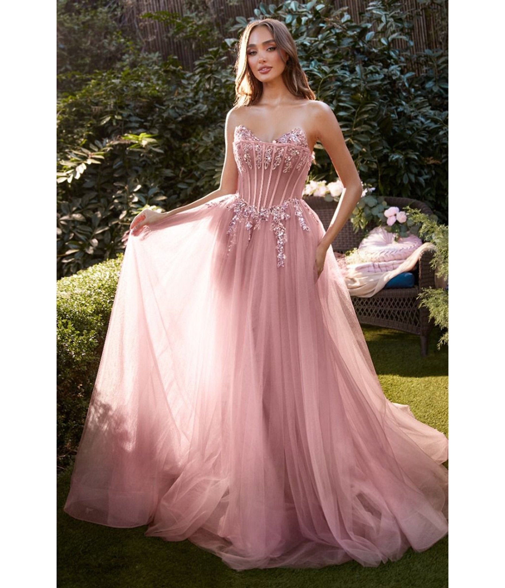 Ladivine by Cinderella Divine Rose Illusion Corset Strapless Evening Dress - Elegant Prom, Wedding, Pageant Gown for Women | Perfect for Formal Events, Red Carpet & Special Occasions