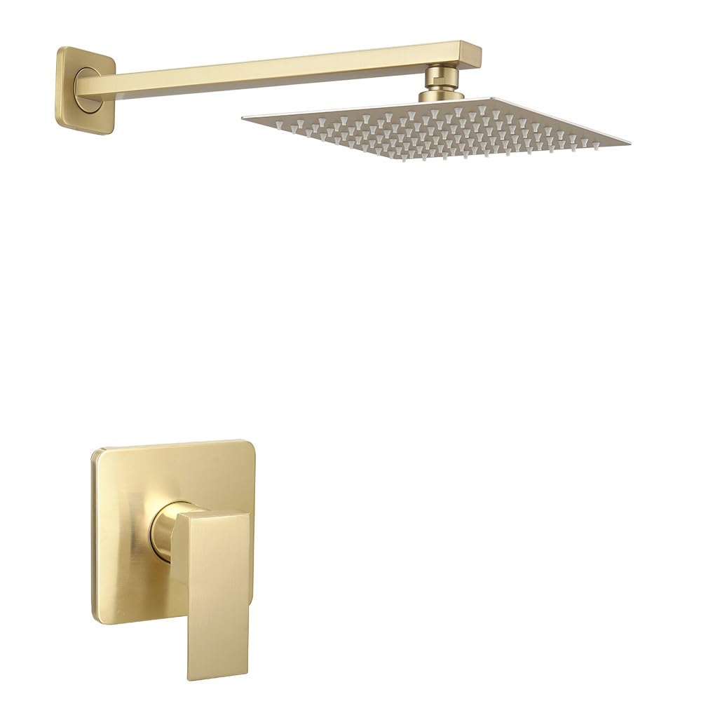 Brushed Gold Shower Faucet Set - Single Function Shower Trim Kit with Rough-in Valve, Square Rain Shower Head & Extra Long Shower Arm | Modern Bathroom Upgrade for Spa-Like Experience