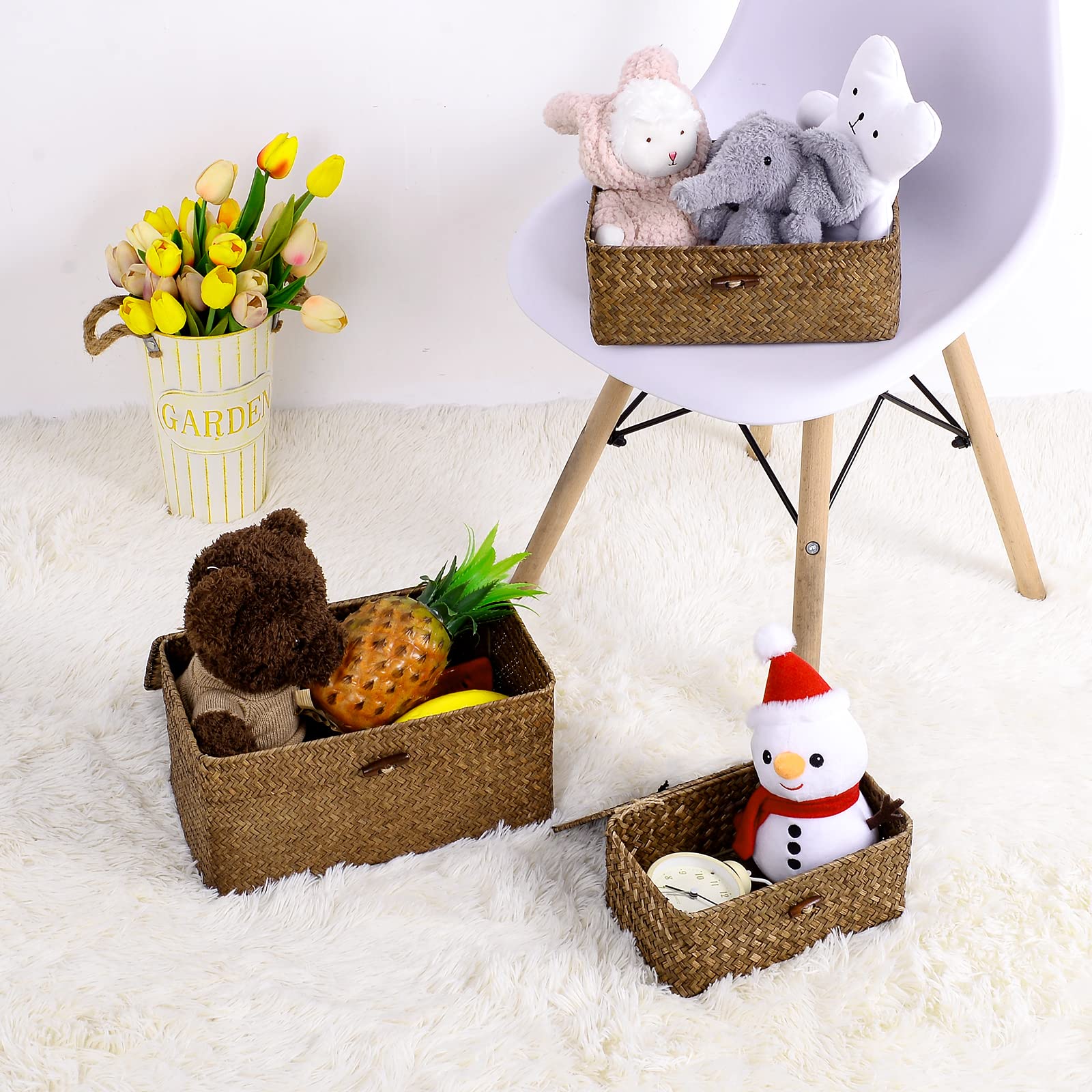 Natural Seagrass Storage Baskets with Lid - Multipurpose Home Organizer Bins for Shelves, Closet & Living Room - Decorative Woven Storage Boxes 12