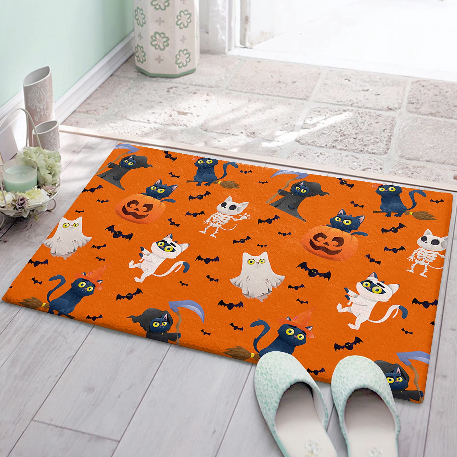 BEKYONEE Fluffy Bathroom Mat - Non-Slip Soft Plush Bath Rug with Halloween Mummy Ghost & Black Cat Design - Absorbent Shaggy Carpet for Indoor, Bathroom, Entrance - Cute Cartoon Bat & Orange Back Decor for Halloween, Fall Home Decor