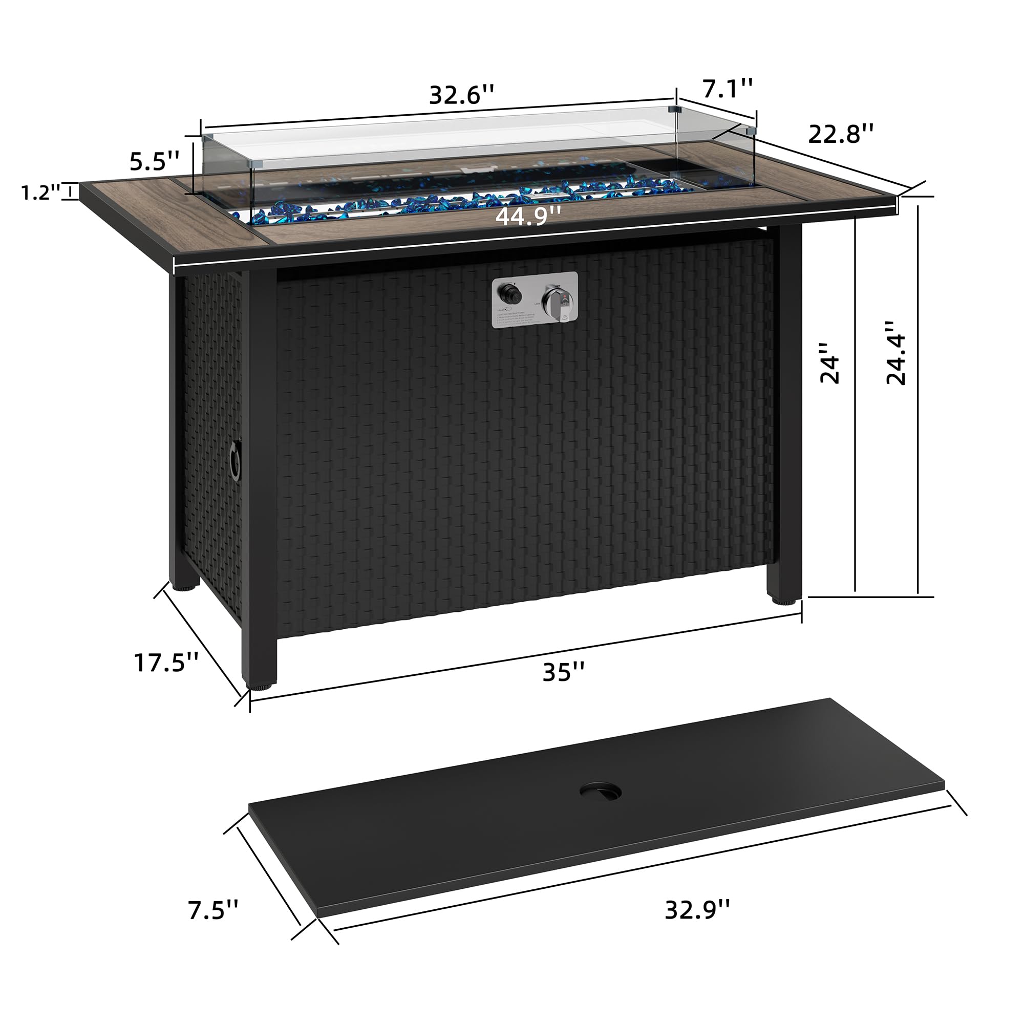 Shintenchi 45 Inch Outdoor Propane Fire Pit Table - 50,000 BTU Steel Gas Fire Pit with Glass Window Protector, Lid, Crystal Stones & Waterproof Cover - Rattan Pattern Brown Top for Patio, Garden, Backyard & Poolside Gatherings