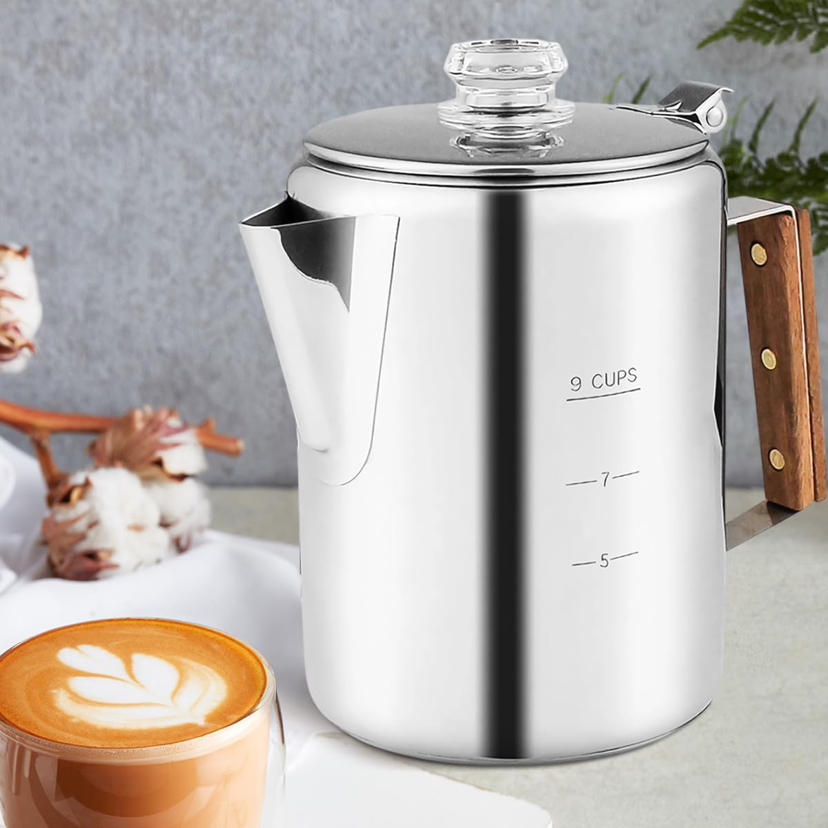 3PCS 9 Cups Camping Coffee Pot Set - Stainless Steel Stove Top Coffee Maker with Heat Resistant Glass Knob & 25ml Coffee Spoon - Durable for Outdoor Brewing, Hiking, Camping & RV Trips