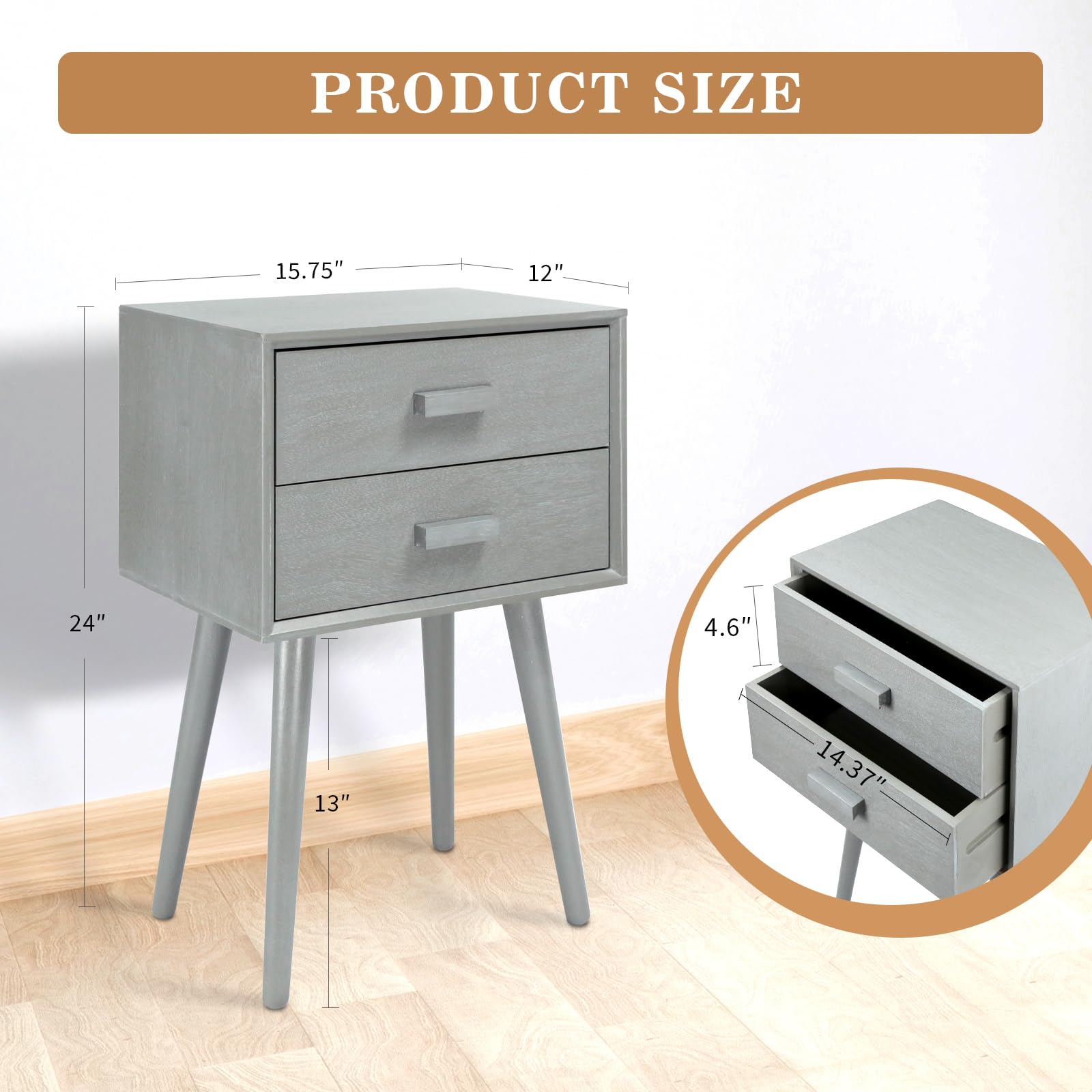 Urbanest Hartford Two Drawer Nightstand - Slate Grey Bedside Table with Storage for Bedroom, Living Room & Small Spaces