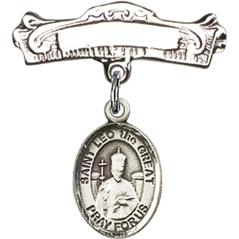 Sterling Silver Baby Badge with St. Leo The Great Charm - 7/8 X 7/8 Inch Arched Polished Pin - Perfect for Christening, Baptism & First Communion Gifts