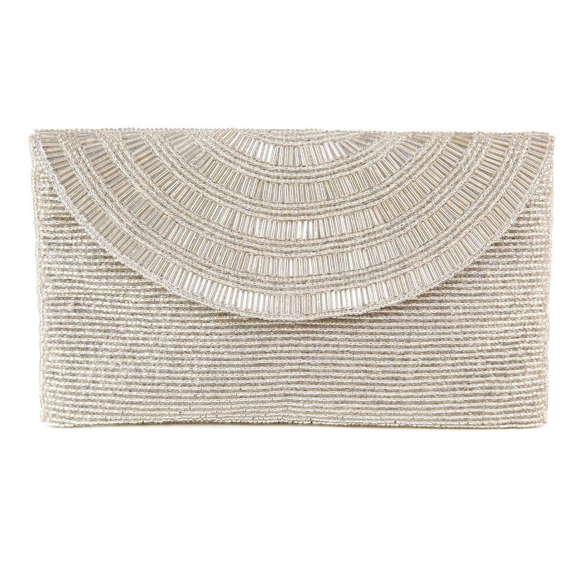 Elegant Beaded Silver Envelope Clutch Handbag for Women - Perfect for Evening Parties, Weddings & Special Occasions