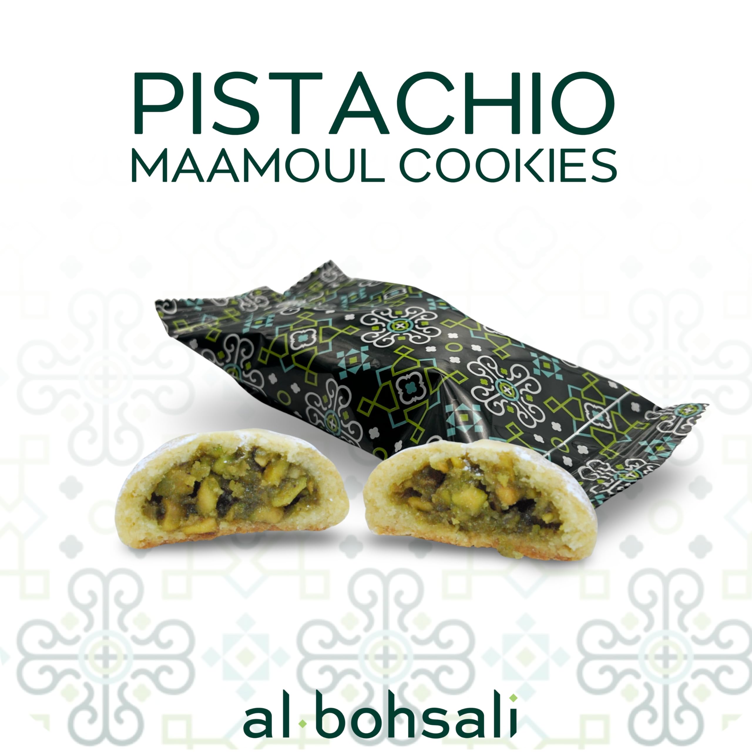 Premium Al Bohsali Maamoul Pistachio Filled Shortbread Cookies - 24 Individually Wrapped Pouches | Authentic Middle Eastern Dessert for Gifts, Parties & Ramadan Celebrations