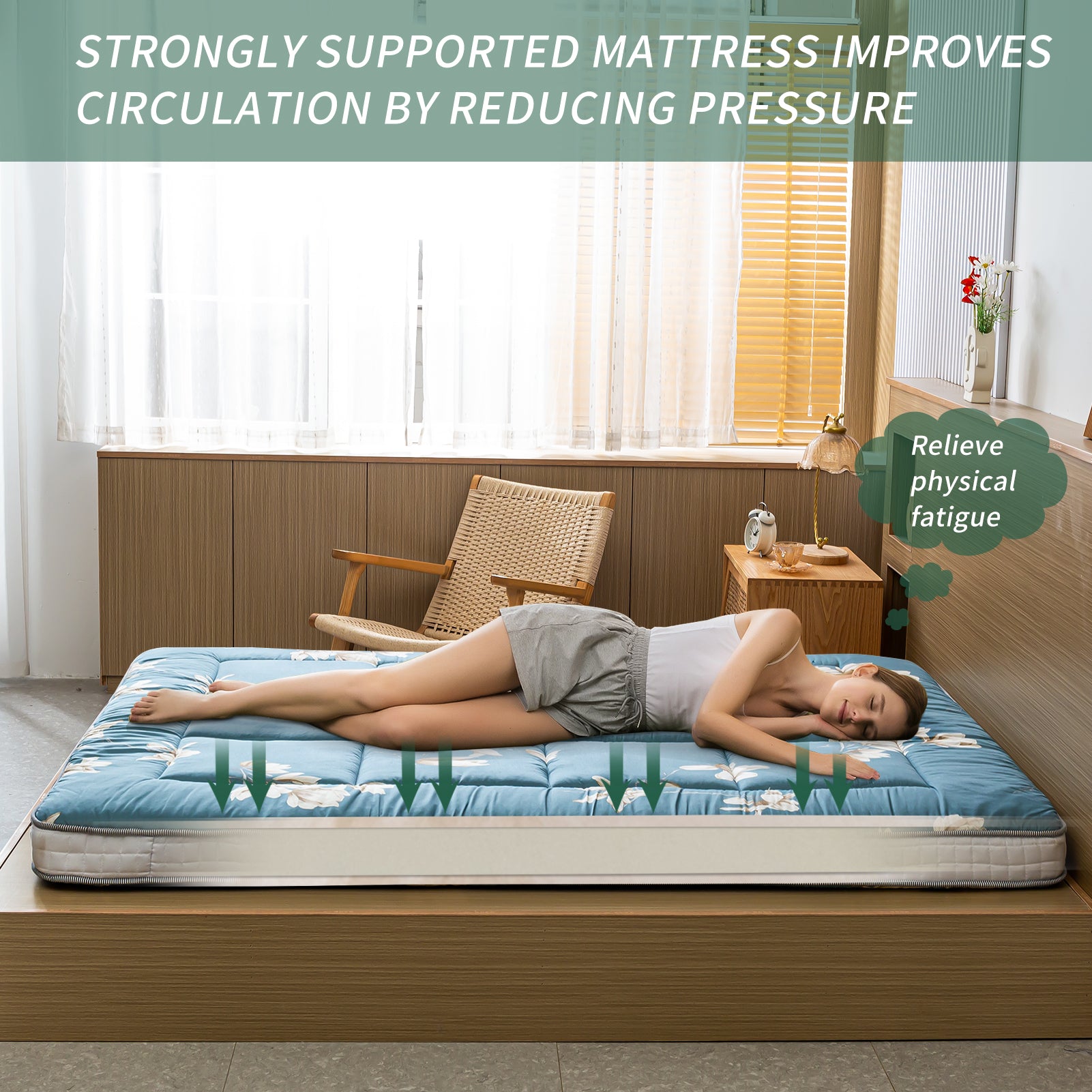 MAXYOYO Padded Japanese Floor Mattress - Floral Printed Futon Mattress & Folding Sleeping Pad for Guest Bed, Camping, Yoga & Meditation | Comfortable Floor Cushion for Small Spaces