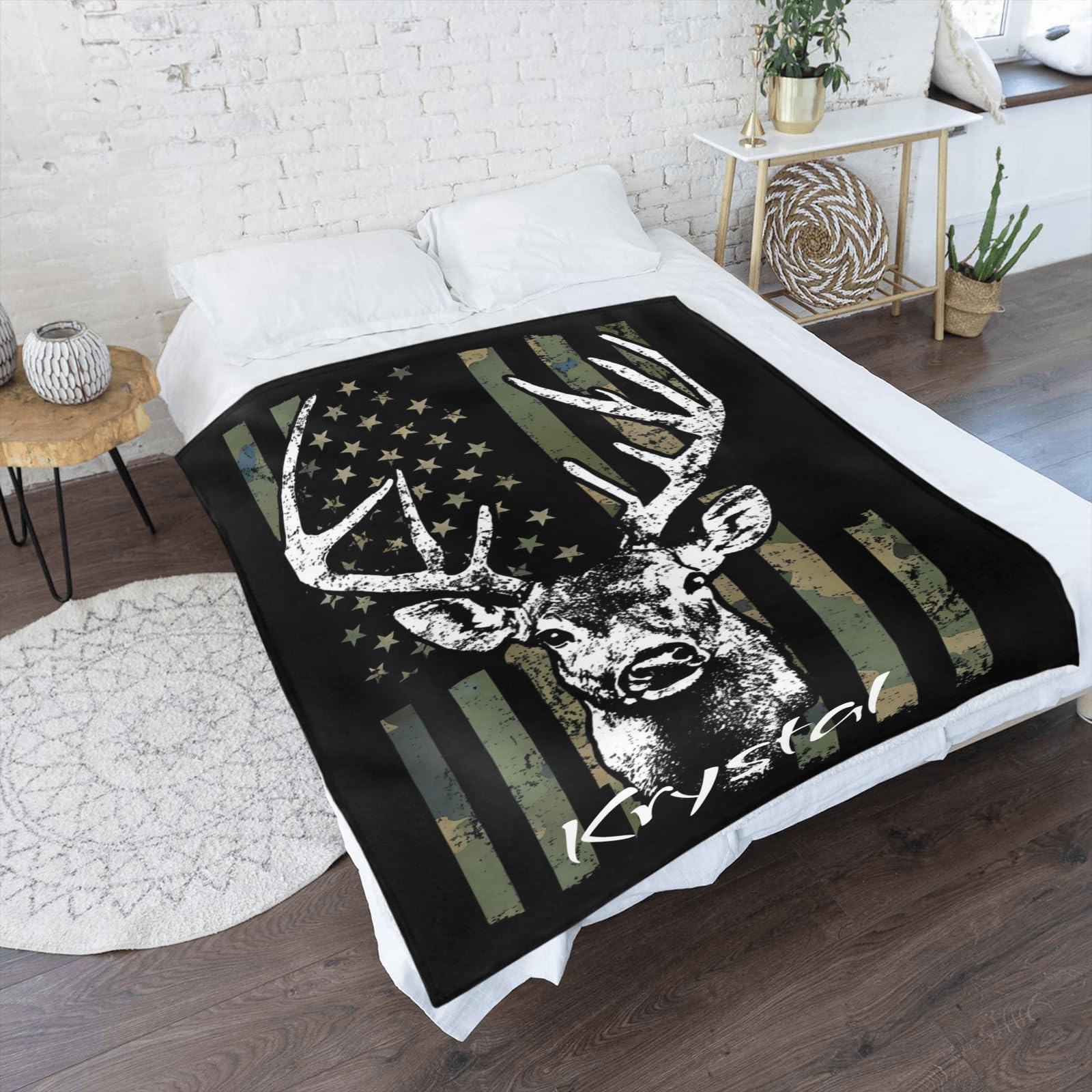 Custom Personalized American Flag Camo Deer Fleece Blanket - Super Soft Throw with Name Text - 50