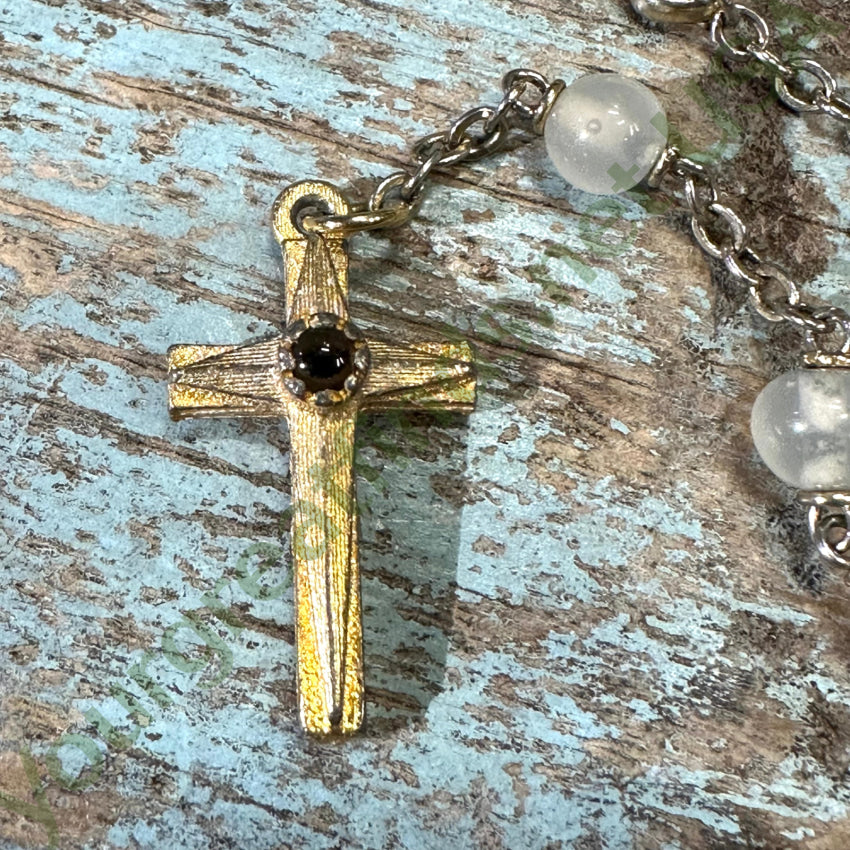 Vintage Italian Silky White Glass Bead Stanhope Rosary with Lord's Prayer - Perfect for Catholic Prayer, Meditation & Religious Gifts