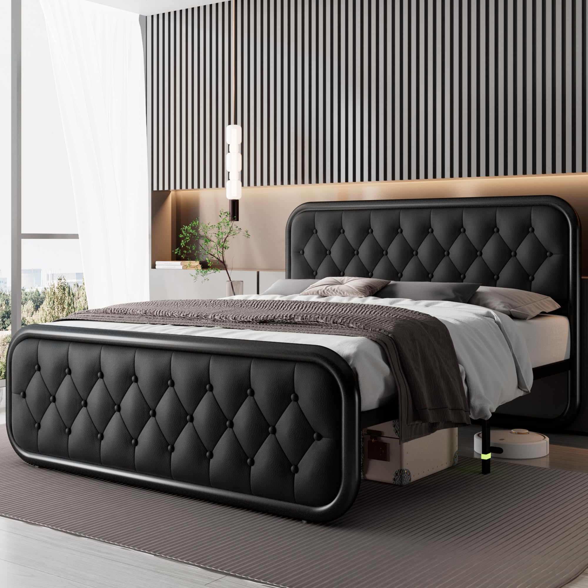 Feonase Full Size Bed Frame with Faux Leather Headboard - Heavy Duty Upholstered Platform Bed with Sturdy Metal Slats | 12