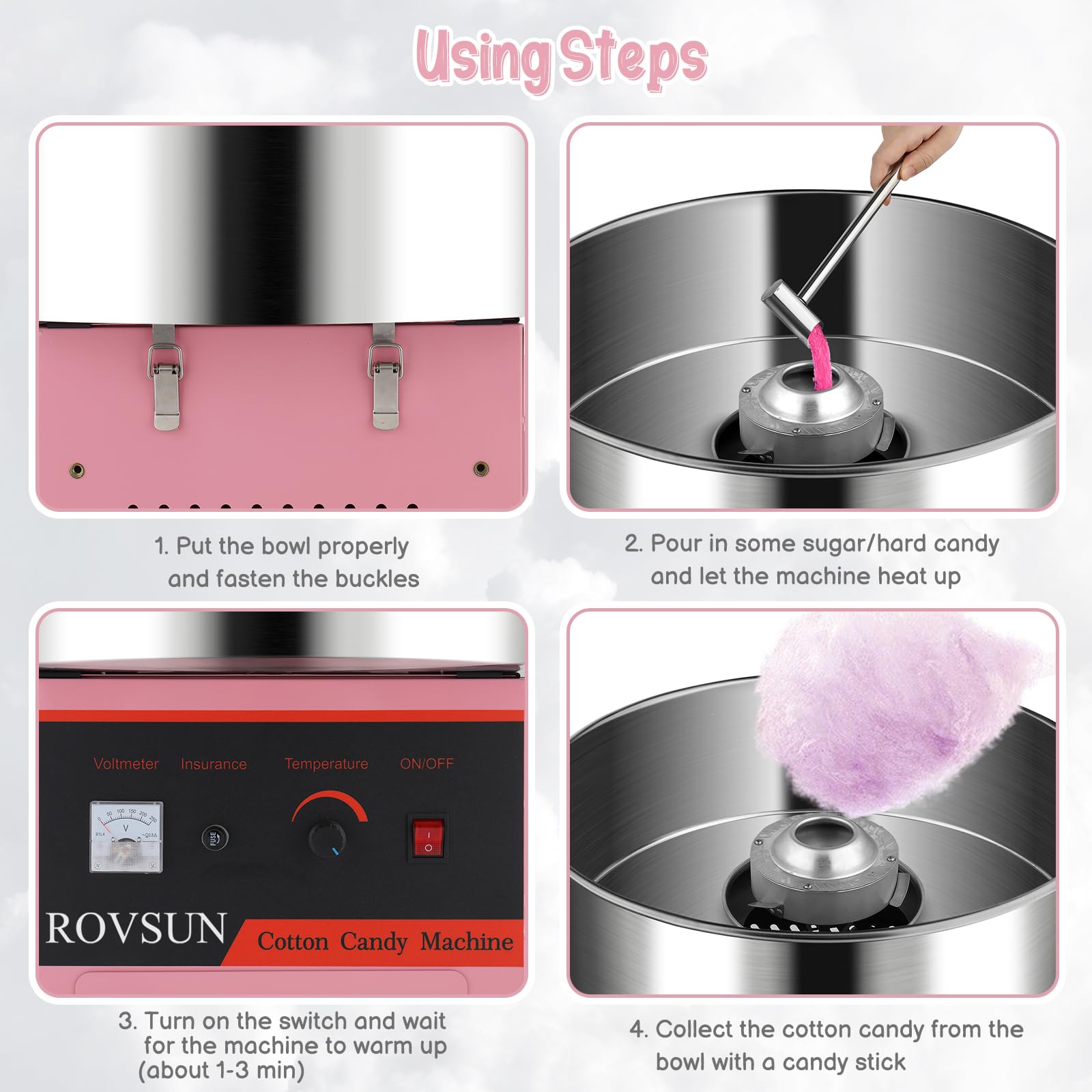 ROVSUN 21 Inch Commercial Cotton Candy Machine Cart - Stainless Steel Bowl Candy Floss Maker with Sugar Scoop & Storage Drawer - Perfect for Home Parties, Carnivals, Fairs & Events (Pink)