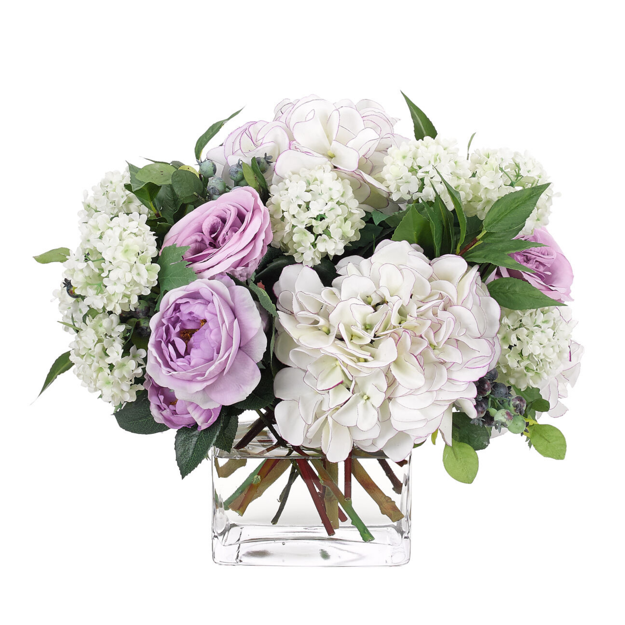 13 Faux Lavender, White Roses & Hydrangeas Artificial Flower Arrangement in Glass Vase - Perfect for Home Decor, Wedding Centerpieces & Office Tabletop Display