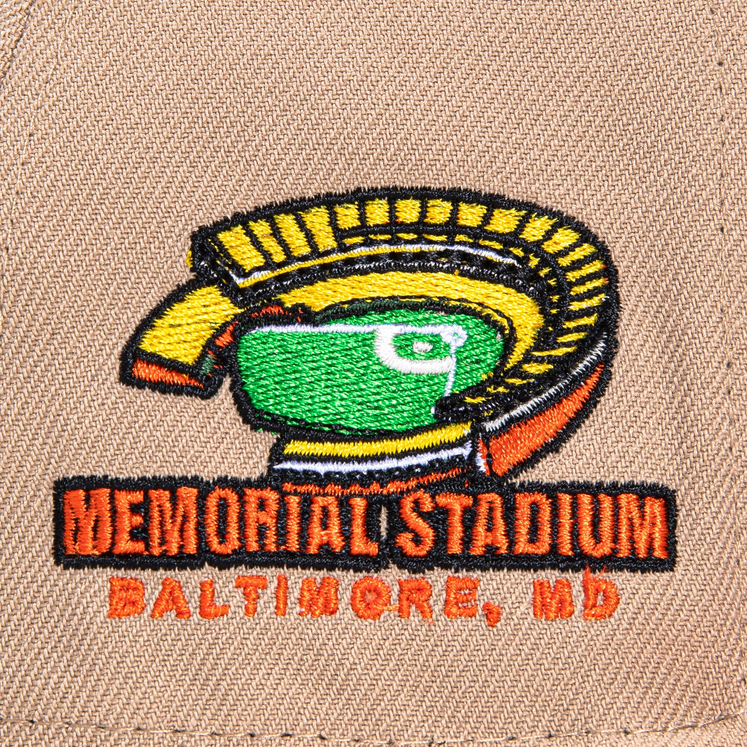New Era 59Fifty Baltimore Orioles Memorial Stadium Patch Word Hat - Tan & Orange Baseball Cap for Men & Women - Perfect for MLB Games, Sports Events & Casual Wear