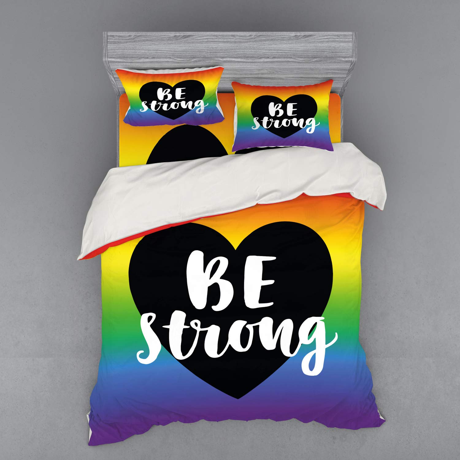 Ambesonne Pride Bedding Set - Queen Size 4-Piece Duvet Cover Set with Shams & Fitted Sheet, Be Strong Gay Parade Slogan Freedom Rights Equality Love Theme with Heart Design, Multicolor - Perfect for LGBTQ+ Pride Celebrations, Bedroom Decor & Themed Parties
