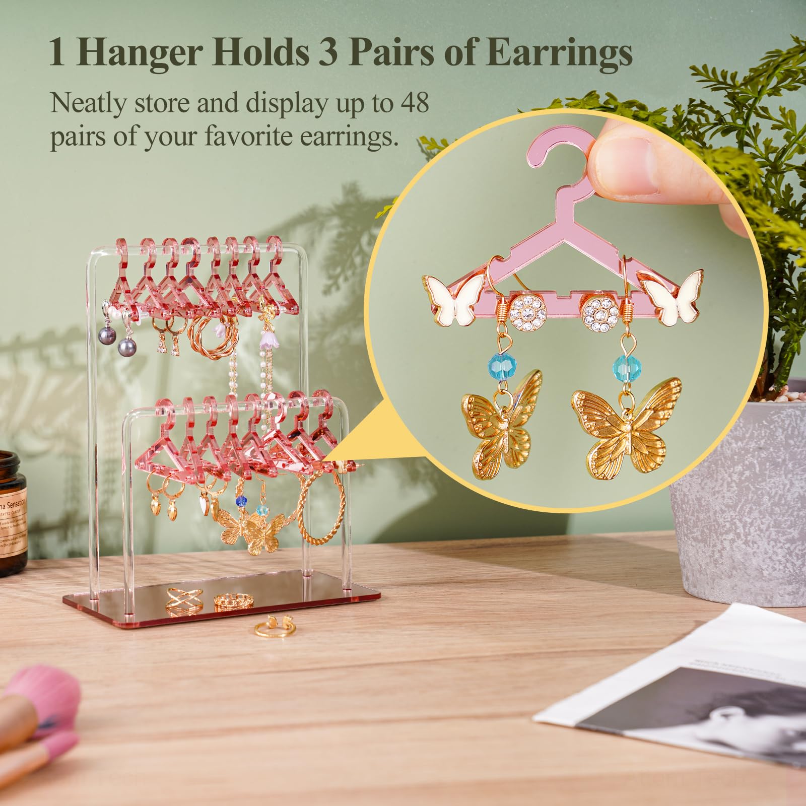 NiHome Acrylic Earring Organizer with Double-Tiered Design - 48 Pair Jewelry Storage with Mini Clothes Hangers & Mirror Finish - Perfect for Home Vanity, Retail Display & Gift Giving (Rose Gold)