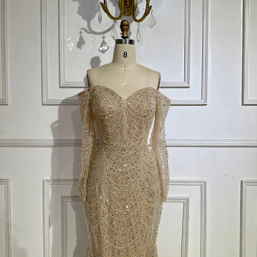 Luxury Dubai Nude Mermaid Evening Gown with Beaded Detachable Skirt - Formal Dress for Weddings, Galas & Special Occasions | LA72243A