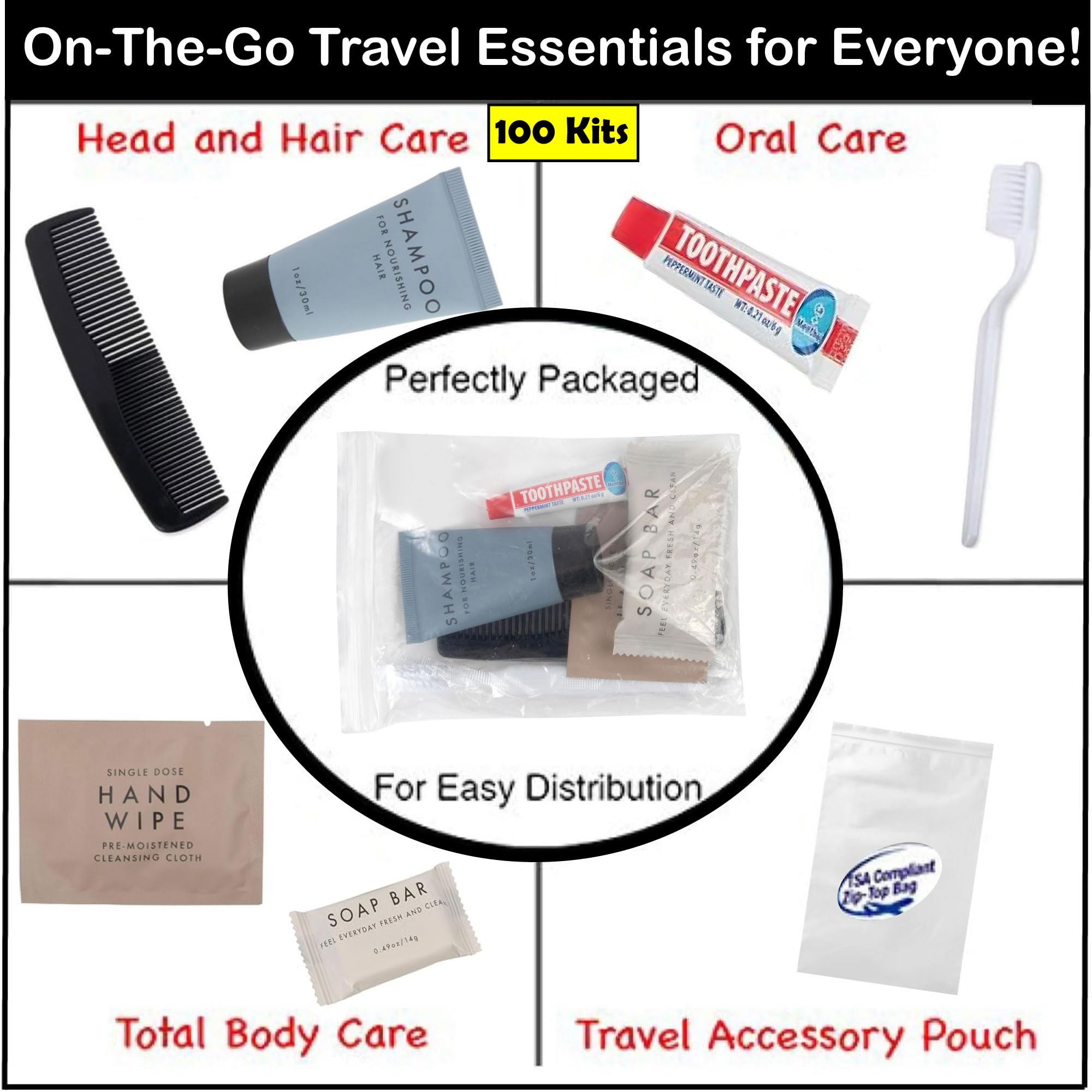 100 Pack Bulk Hygiene Travel Size Kits - 7 Piece Hygiene Supplies for Adults, Homeless & Charity | Portable Toiletries for Travel, Shelters & Emergency Preparedness