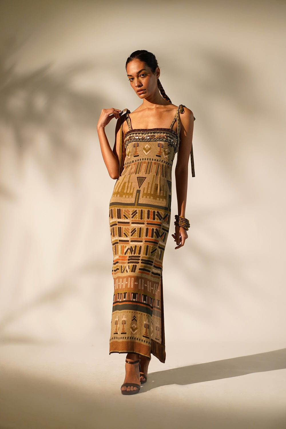 Stylish Green Aztec Print Tube Dress with Hand-Threaded Details & Wooden Embellishments | Perfect for Boho Festivals, Beach Vacations & Summer Parties