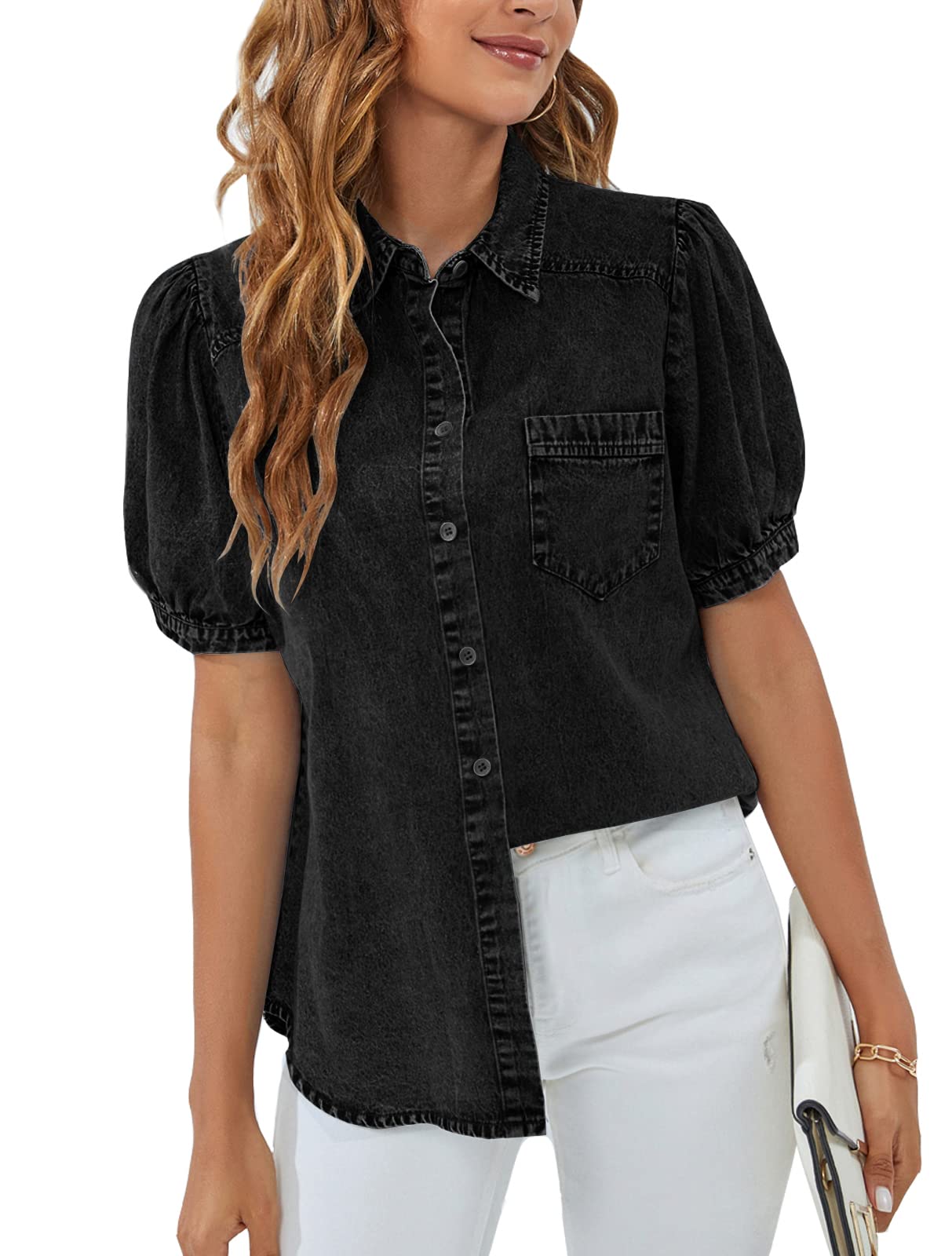 BMJL Women's Denim Shirt - Business Casual Button Down Blouse with Puff Sleeves for Summer | Office Wear, Weekend Outfits & Casual Work Tops