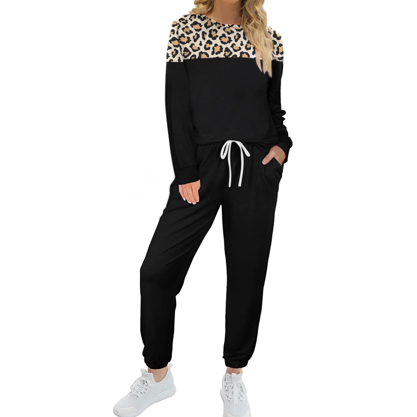 2 Piece Women's Sweatsuit Set - Crewneck Colorblock Striped Lounge Pants with Pockets | Red Plaid Casual Outfit for Home, Gym & Travel
