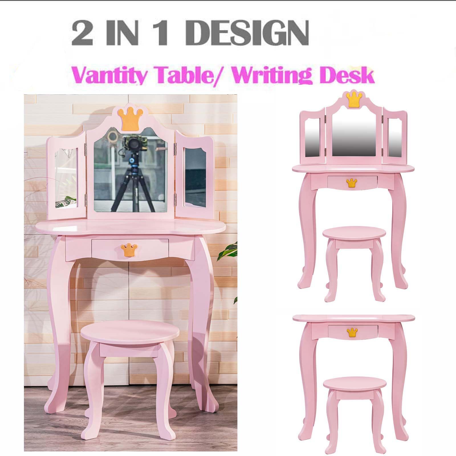GAOMON Kids Vanity Table with Tri-Fold Mirror, Stool & Storage Drawer - 2-in-1 Wooden Princess Makeup Dressing Desk for Girls, Toddler Pretend Play Vanity Set - Perfect for Bedroom Decor & Imaginative Playtime