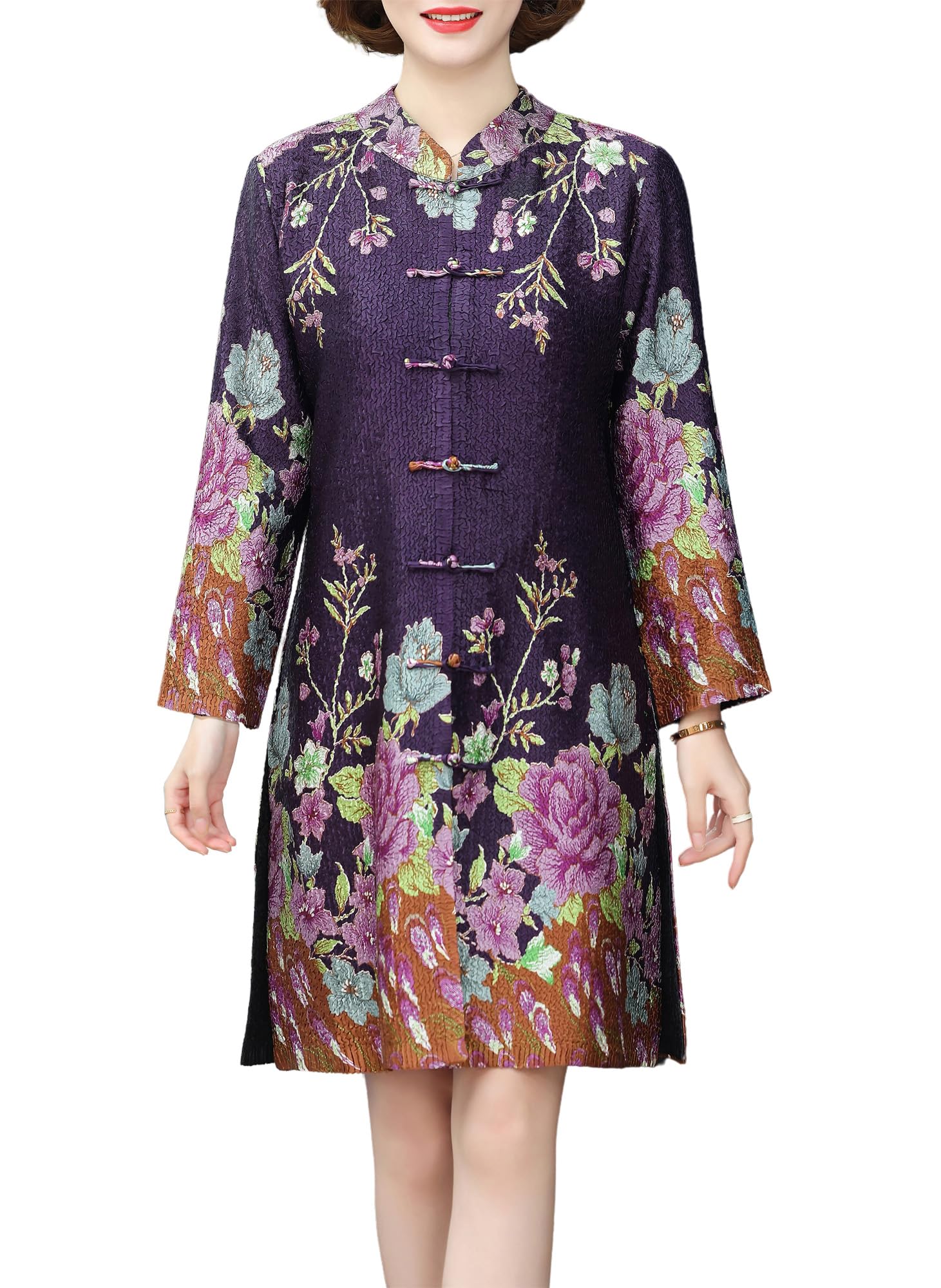 Women's Reversible Crinkle Bubble Fabric Long Shirt with Floral Print - Elegant Chinese Style Blouse for Casual Wear, Office & Special Occasions