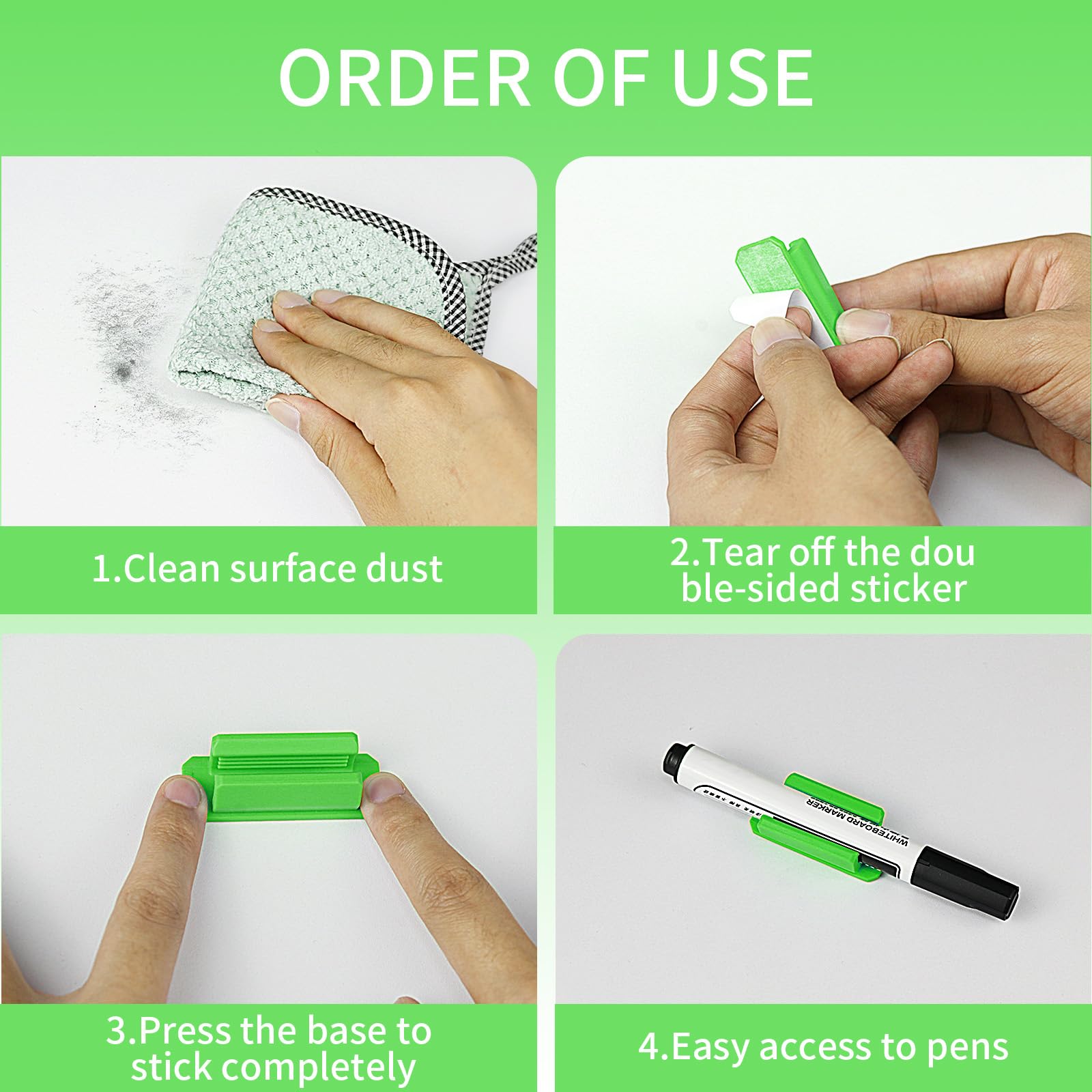 12 Pack Silicone Pen Holder for Desk - Adhesive Pencil Organizer with 12 Extra Stickers, Marker & Stationery Clip for Office, Classroom, Home - Perfect Teacher Supplies & Desk Accessories (Green) - Ideal for Organizing Pens, Pencils, Markers on Desks, Walls, or Any Smooth Surface
