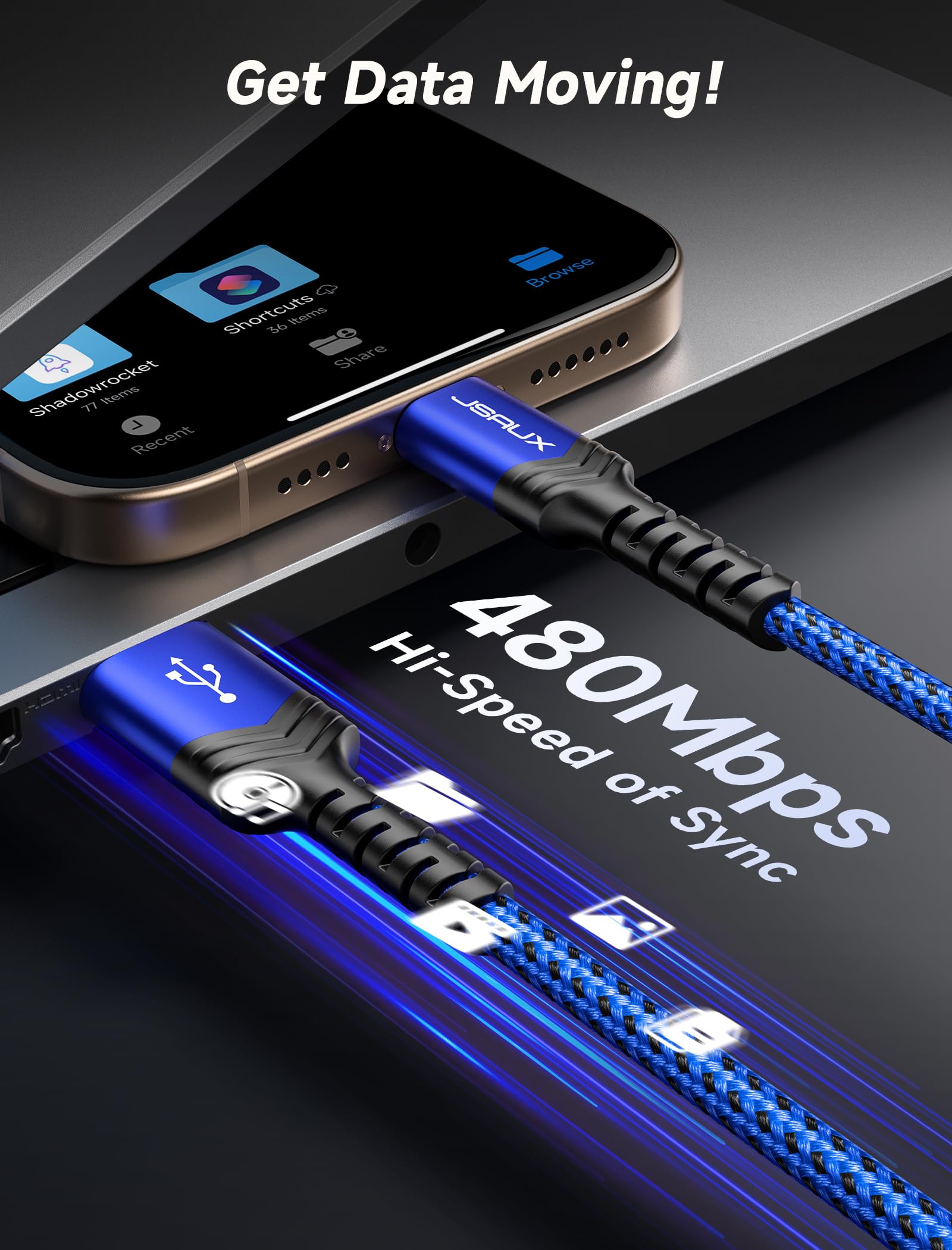 JSAUX USB C to USB A Cable 2-Pack 6.6ft, Fast Charging 3.1A Cord Compatible with iPhone 16/15 Series, Samsung Galaxy S20/S10/S9, Note 20/10, CarPlay - Blue | Perfect for Home, Office & Car Charging
