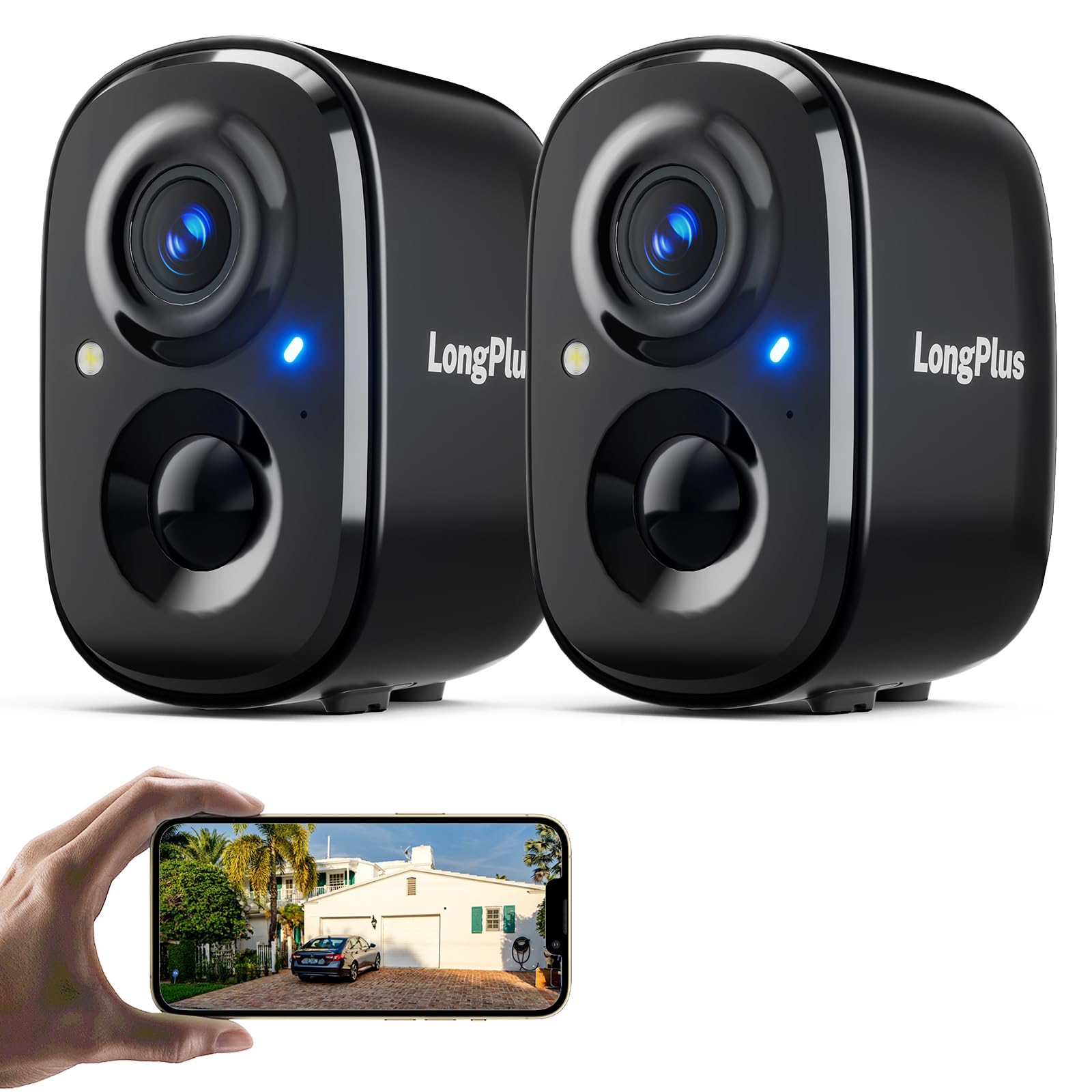 Longplus Wireless Outdoor Security Camera with AI Detection, Siren Alarm & Color Night Vision - No Monthly Fee, Battery Powered WiFi Home Surveillance System, 2-Way Audio, SD Card Storage (Black, 2-Pack) - Perfect for Home, Garage & Backyard Monitoring