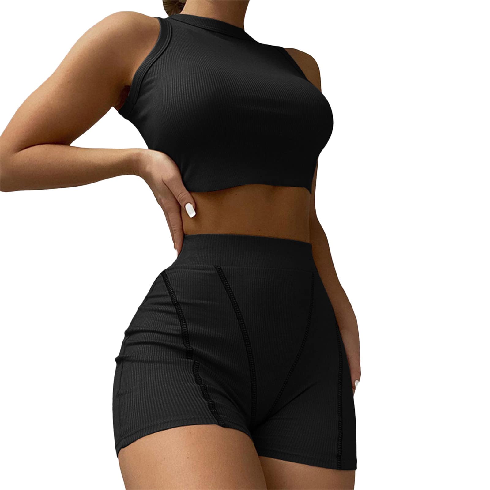 Seamless Ribbed 2-Piece Workout Set for Women - Crop Tank & High Waist Yoga Shorts | Gym, Running, Pilates & Lounge Wear (Black, Medium)