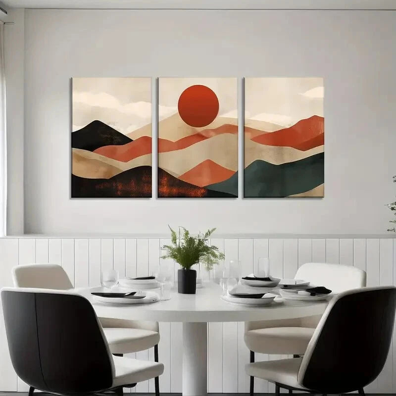 3-Piece Abstract Nature Landscape with Sunrise Metal Wall Art - Ready to Hang Home Decor for Living Room, Bedroom & Office