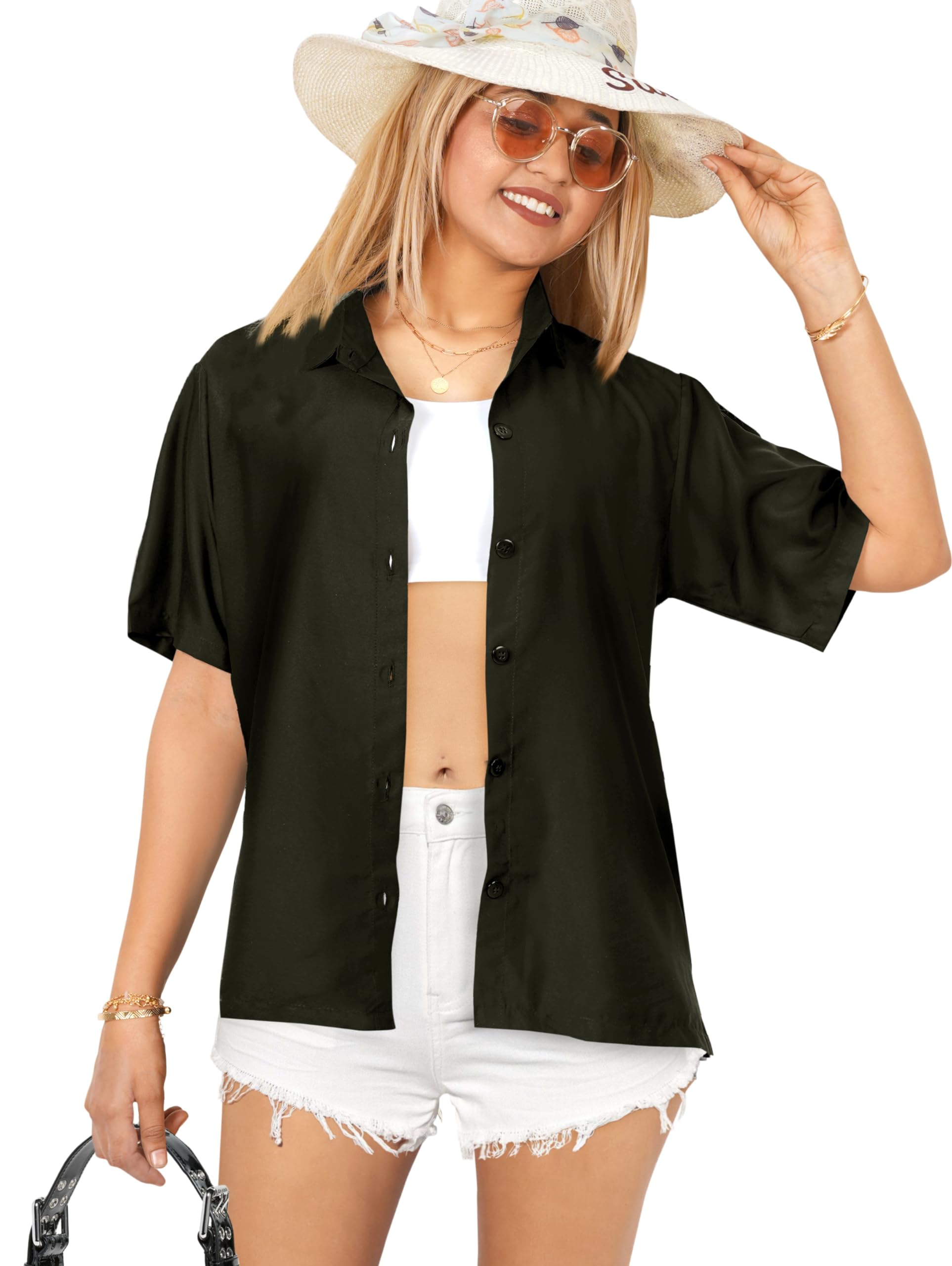 LA LEELA Women's Hawaiian Short Sleeve Blouse - Floral Beach Shirt for Summer Vacation, Pool Party & Tropical Getaway