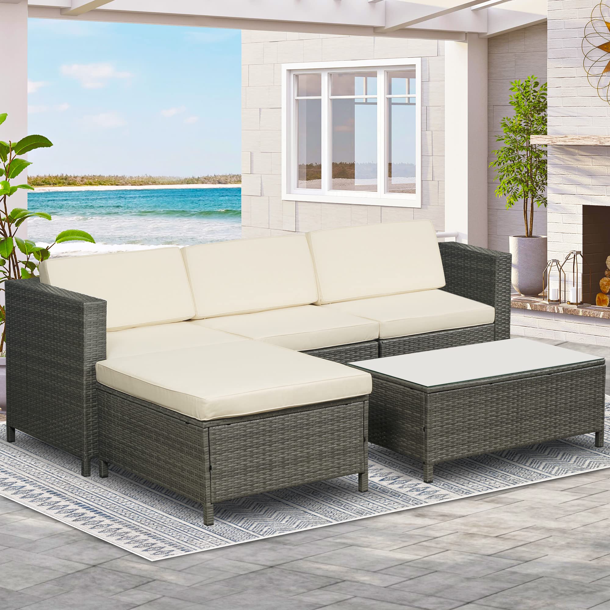 Green4ever 5-Piece All-Weather Outdoor Patio Furniture Set - Gray PE Wicker Rattan Sectional Sofa with Glass Coffee Table & Beige Removable Cushions | Perfect for Backyard, Poolside & Garden Relaxation