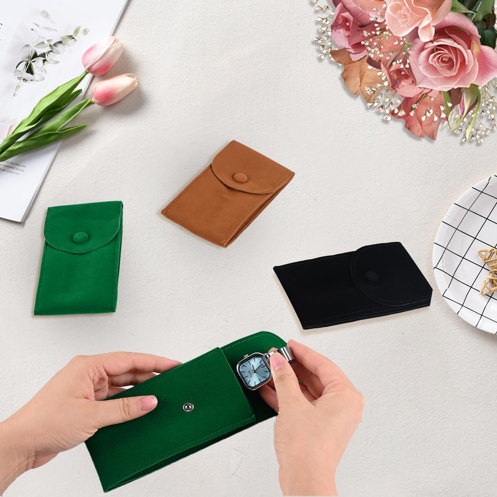 8 Pcs Velvet Watch Pouches - Portable Single Watch Travel Case & Storage Bag with Snap Button - Luxury Jewelry Organizer Gift for Men & Women (Green) - Perfect for Travel, Gifts & Watch Collection Storage