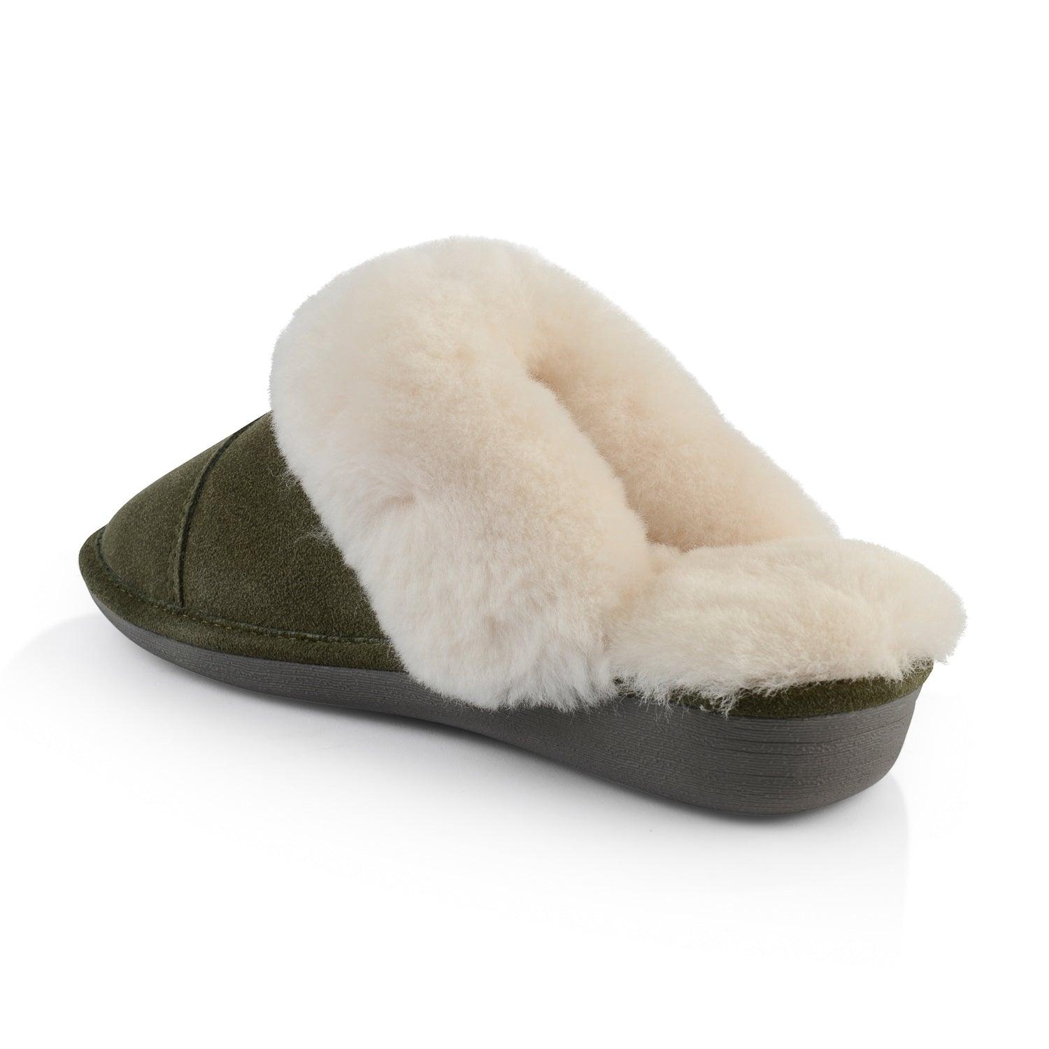 Joy Women's Fuzzy House Slippers - Soft Indoor/Outdoor Slides with Memory Foam, Military Green - Cozy Comfort for Home, Lounge & Backyard Relaxation