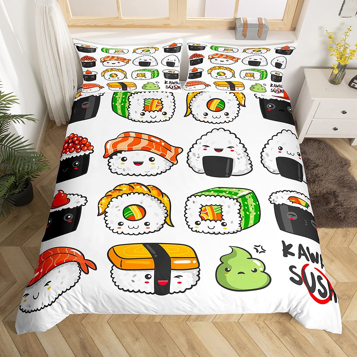 Erosebridal Japanese Sushi Pattern Bedding Set Full Size, Cute Cartoon Sushi Duvet Cover Set for Kids Boys Girls Teens, Food Themed Comforter Cover - Perfect for Anime Lovers' Bedroom Decor & Themed Sleepovers