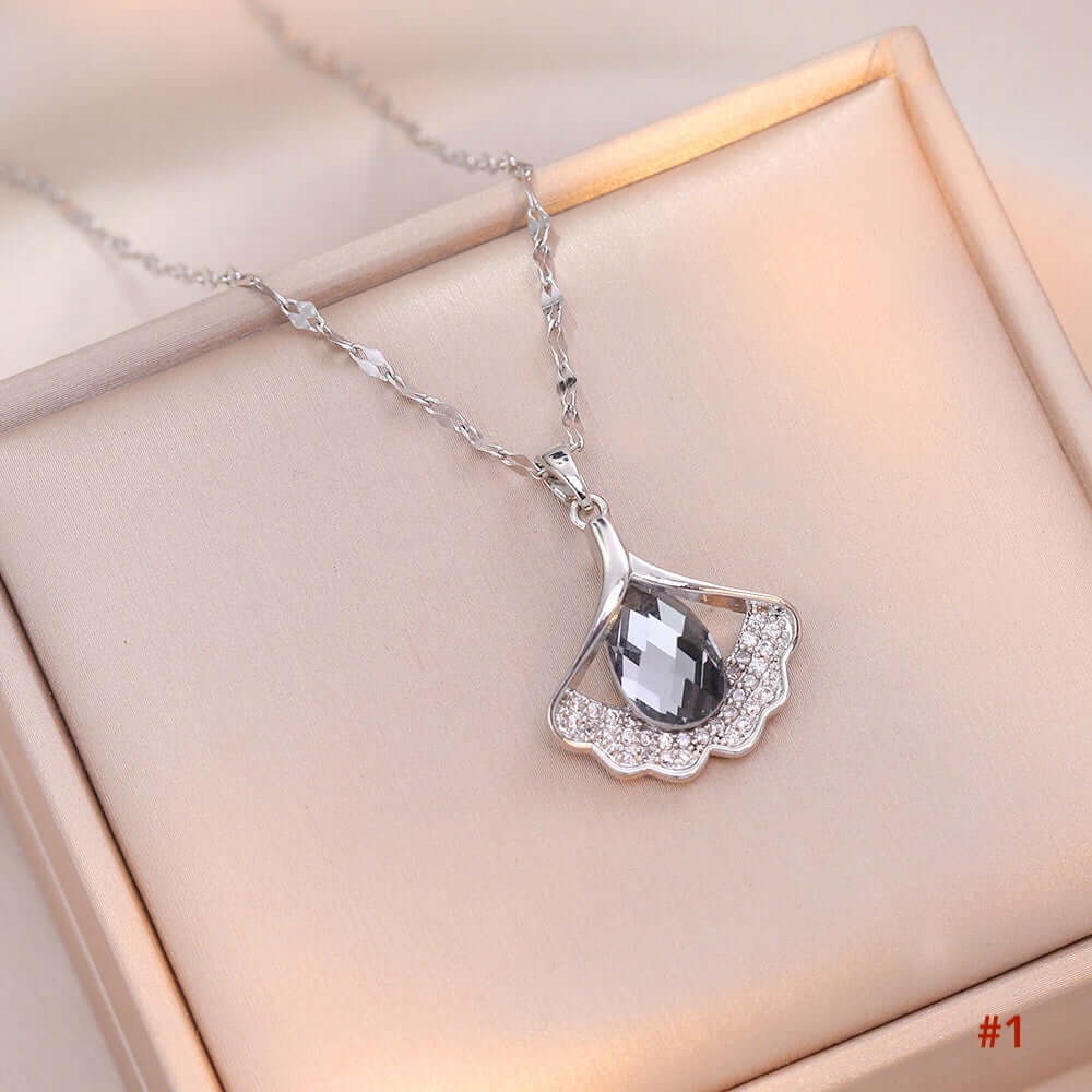 Elegant Titanium Minimalist Cat's Eye Stone Ginkgo Leaf Pendant Necklace for Women | A8241 | Perfect for Daily Wear, Office, Parties & Special Occasions