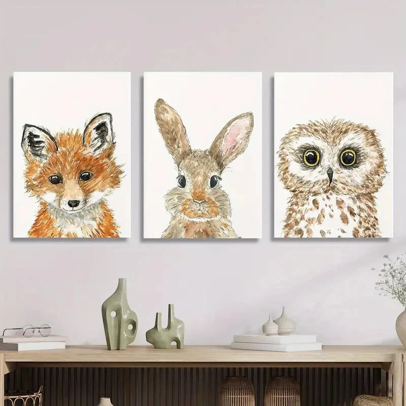 3-Piece Woodland Animal Metal Wall Art Set - Fox, Rabbit & Owl Prints - Ready to Hang Home Decor for Nursery, Living Room & Office