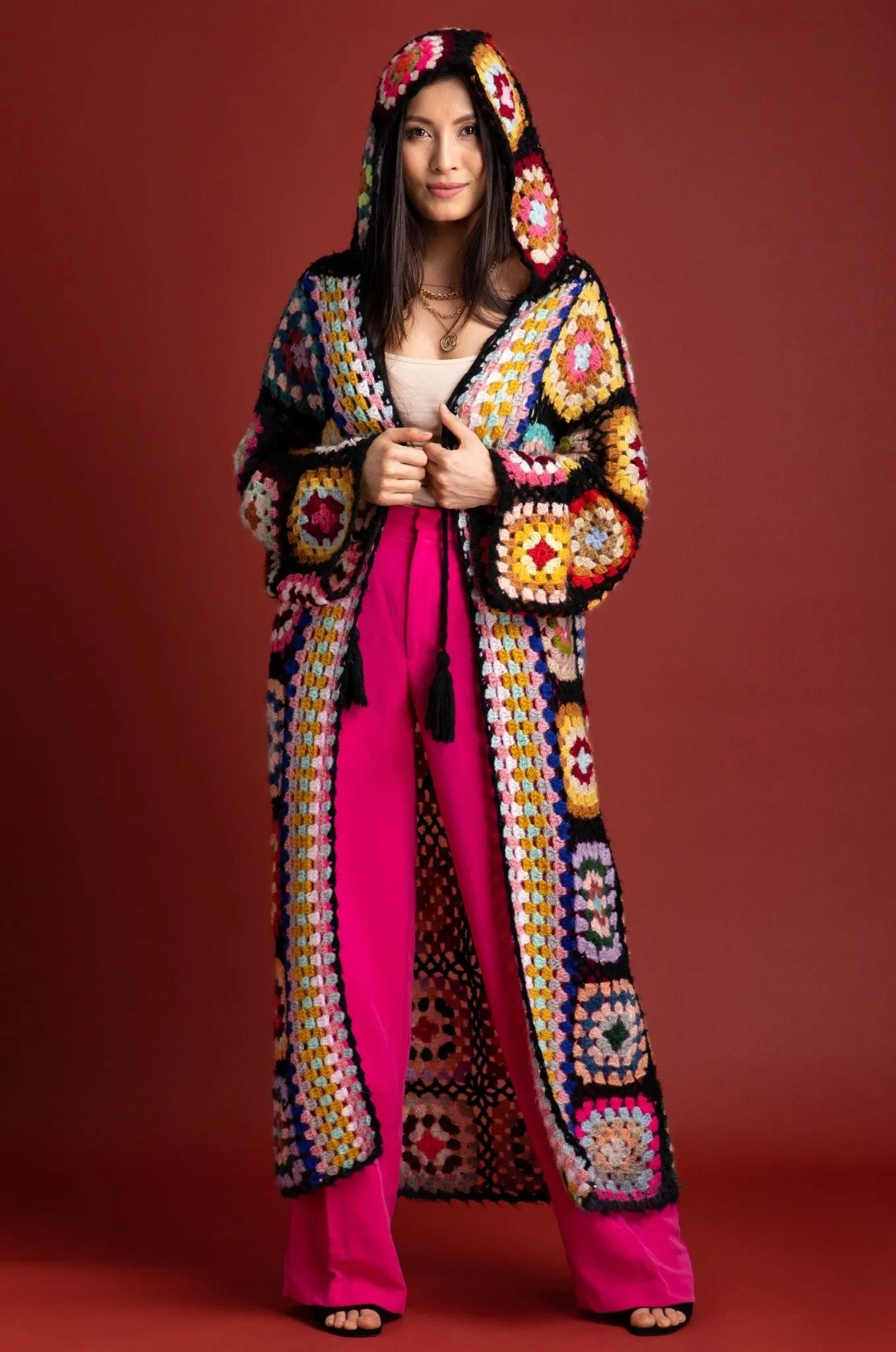 Stylish Hooded Granny Square Crochet Kimono Cardigan - Boho Chic Lace-Up Cover Up for Women - Perfect for Beach, Festival & Casual Wear