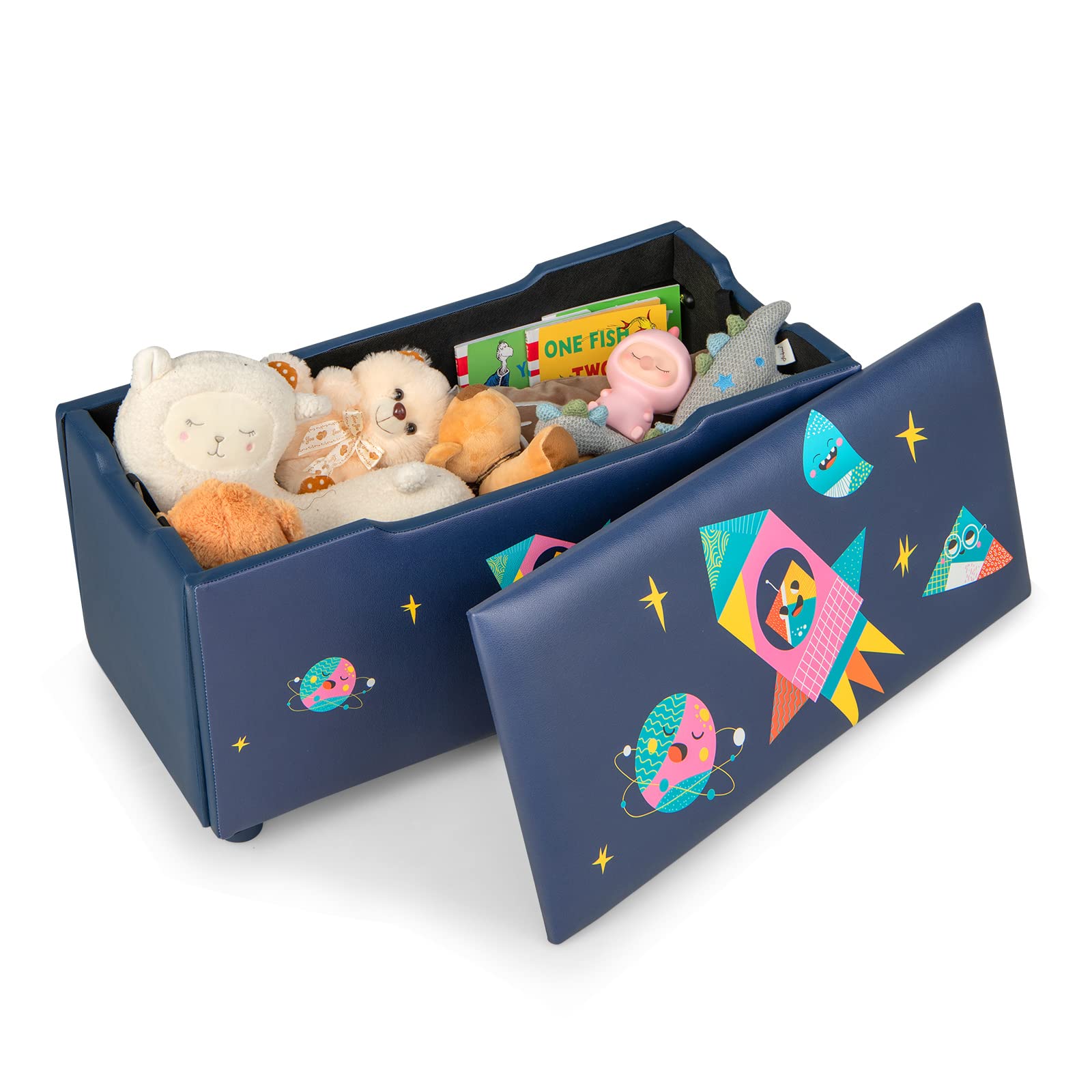 HONEY JOY Kids Wooden Toy Storage Box - 2-in-1 Large Toy Chest with Padded Seat, Carry Handles & Faux Leather Cover - Nursery, Bedroom, Playroom Organizer - Perfect for Toy Storage and Extra Seating in Kids Rooms (Astronaut Design)