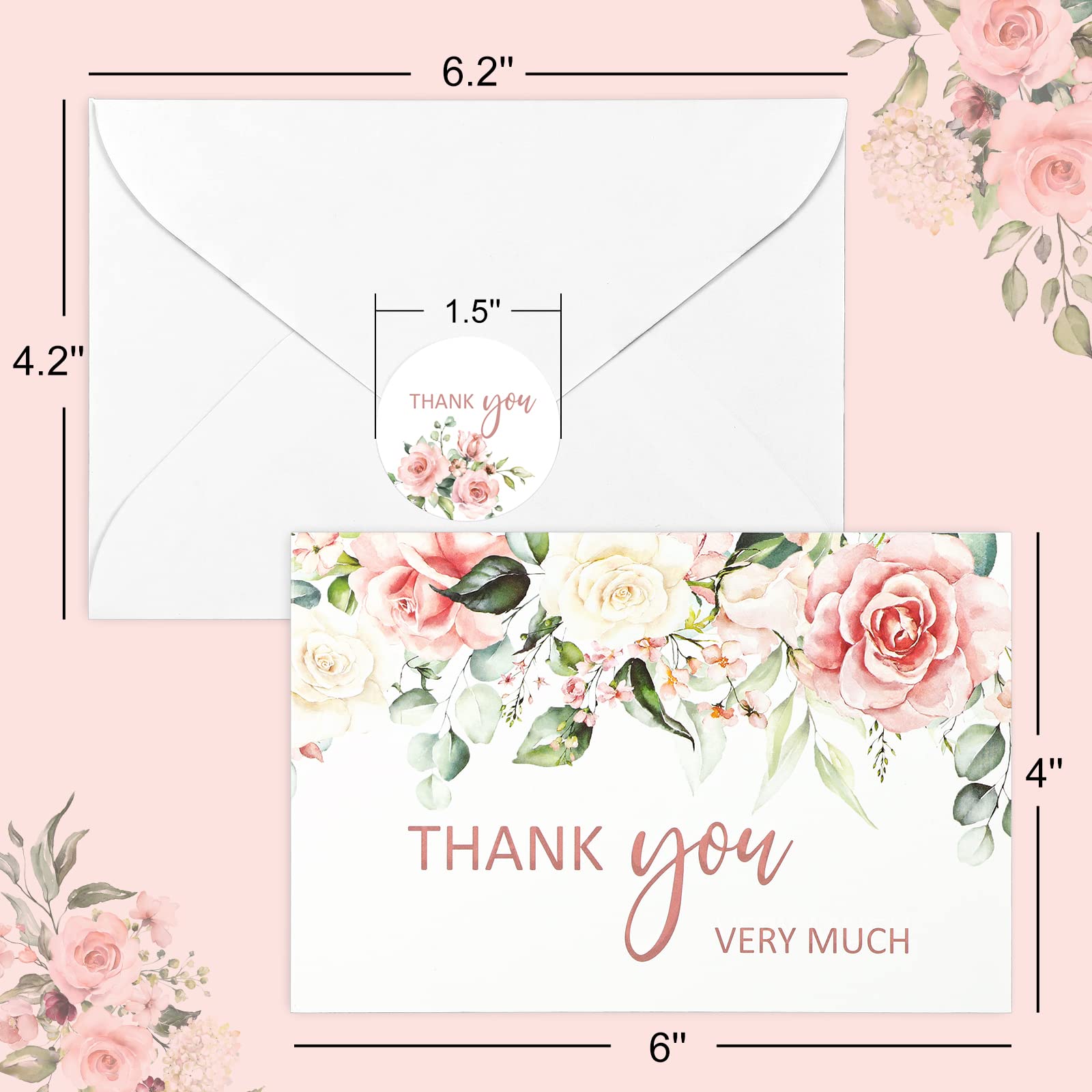 32 Pack Thank You Cards with Envelopes & Stickers - Blush Floral Blank Note Cards (4 Designs, 4x6 Inch) for Wedding, Baby Shower, Bridal Shower, Graduation, Birthday & All Occasions - Bulk Greeting Cards for Gifts, Invitations & Appreciation Notes