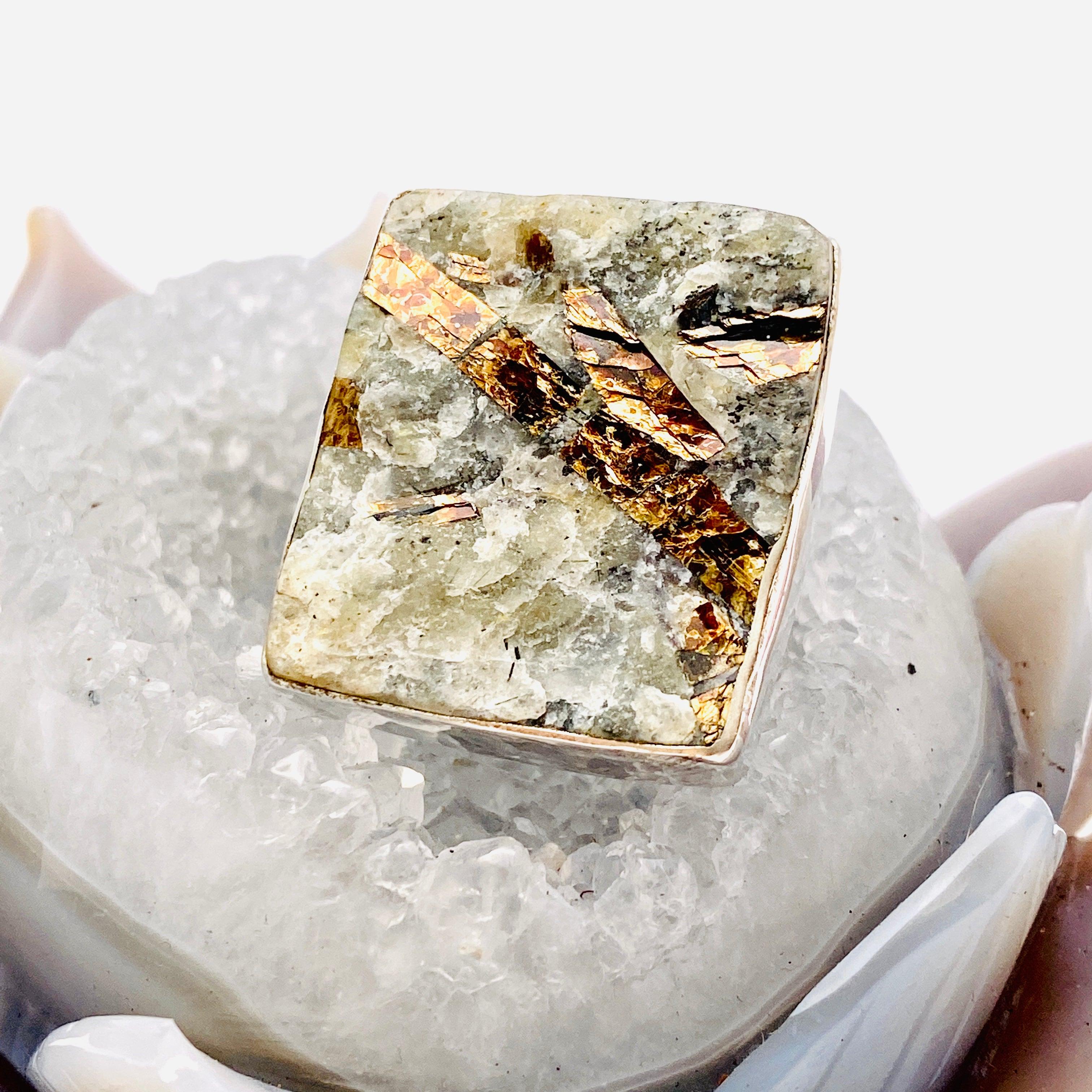 Golden Astrophylite Square Ring Size 11 KRGJ1483 - Unique Handmade Jewelry for Women, Boho Chic Style, Perfect for Gifts & Special Occasions