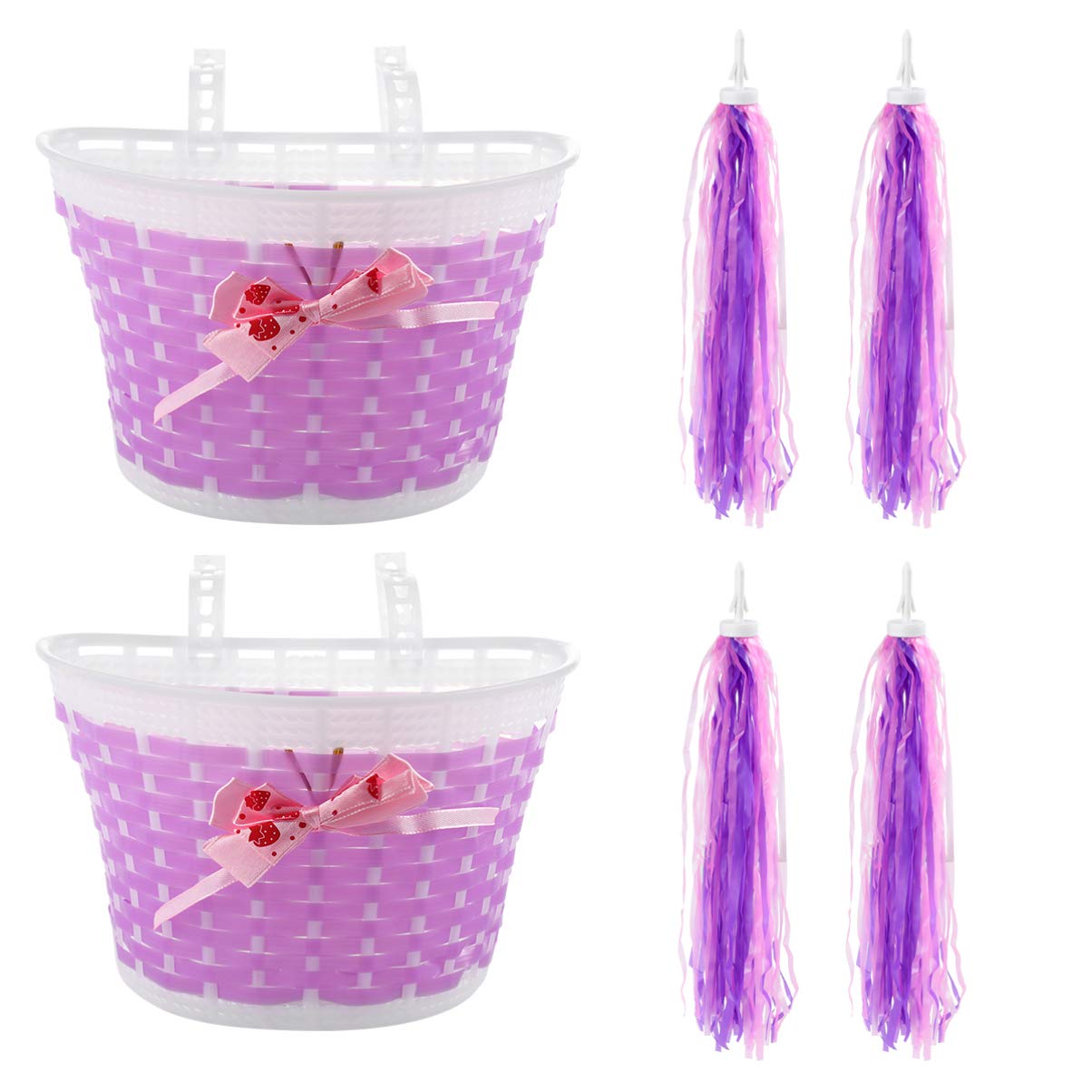 BESPORTBLE 4-Piece Purple Bike Handlebar Streamers & 2 Baskets Set - Cycling Decorations for Toddlers, Kids & Teens - Perfect for Birthday Gifts, Bike Parades & Outdoor Cycling Accessories