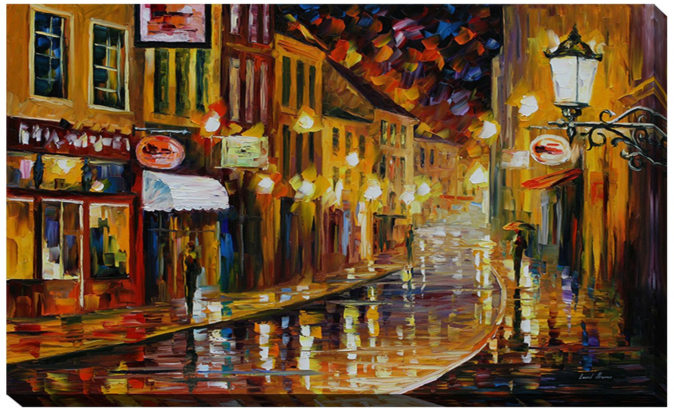 Leonid Afremov 'Lights of The Old Town' Giclee Canvas Wall Art - 24x40 Inch Stretched Painting, Handmade Oil Reproduction for Living Room & Bedroom Decor