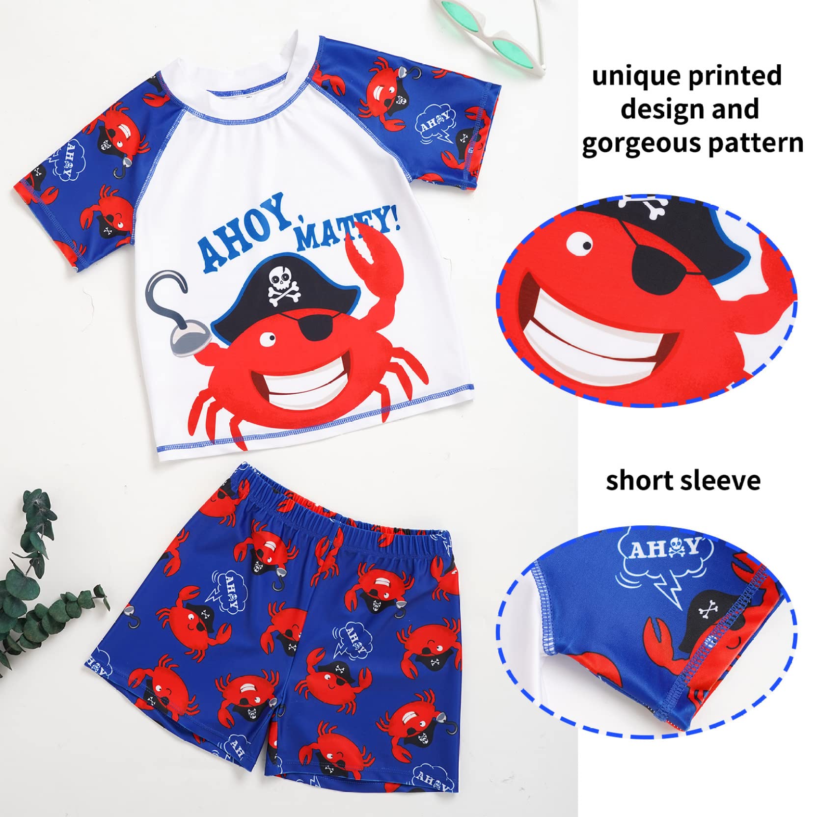 Boys' 2-Piece Rash Guard Swim Set with UPF 50+ Protection - Cartoon Short Sleeve Swim Shirt & Trunks for Surfing, Swimming & Beach Activities