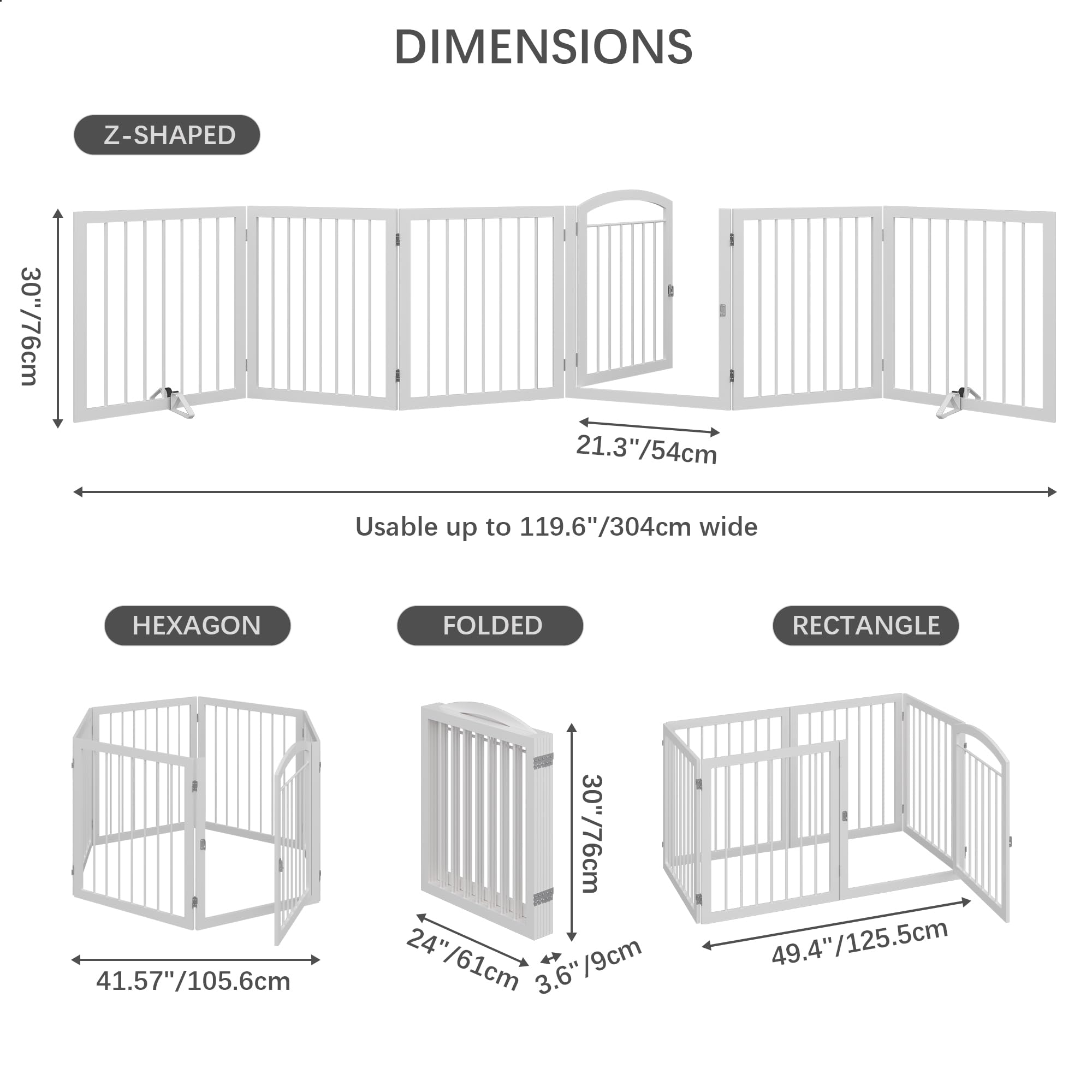 JSB 144-Inch Extra Wide 30-Inch Tall Freestanding Pet Gate with Walk-Through Door - Round Tube Dog Fence for Hallways, Stairs & Large Spaces - Includes 2 Support Feet (White) - Perfect for Puppy Safety & Multi-Room Containment